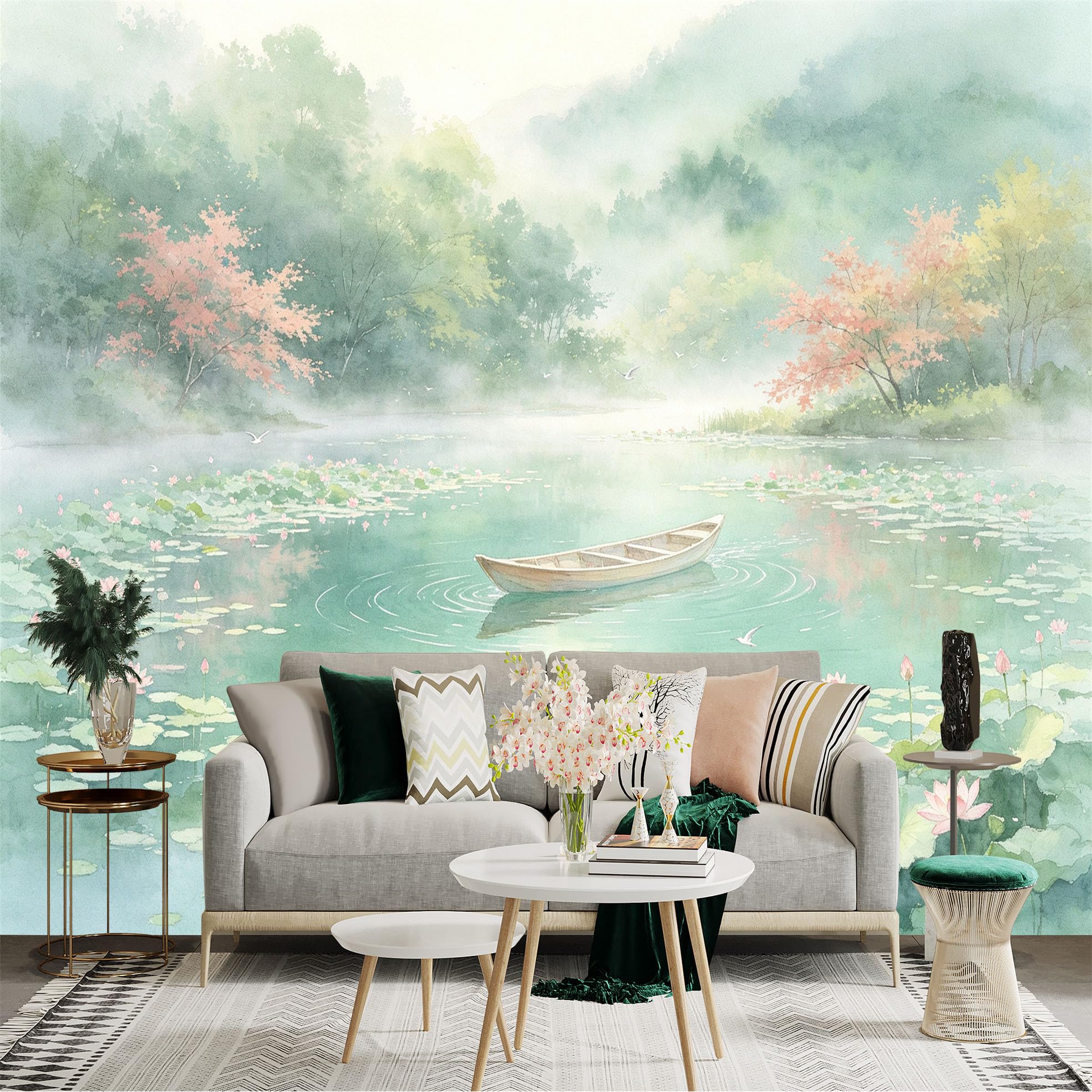 Custom Size Wall Sticker Mural， Watercolor Lotus Pond with Tranquil Boat， Misty Forest Scenery， for wall Decoration， peelandstick wall Decals.