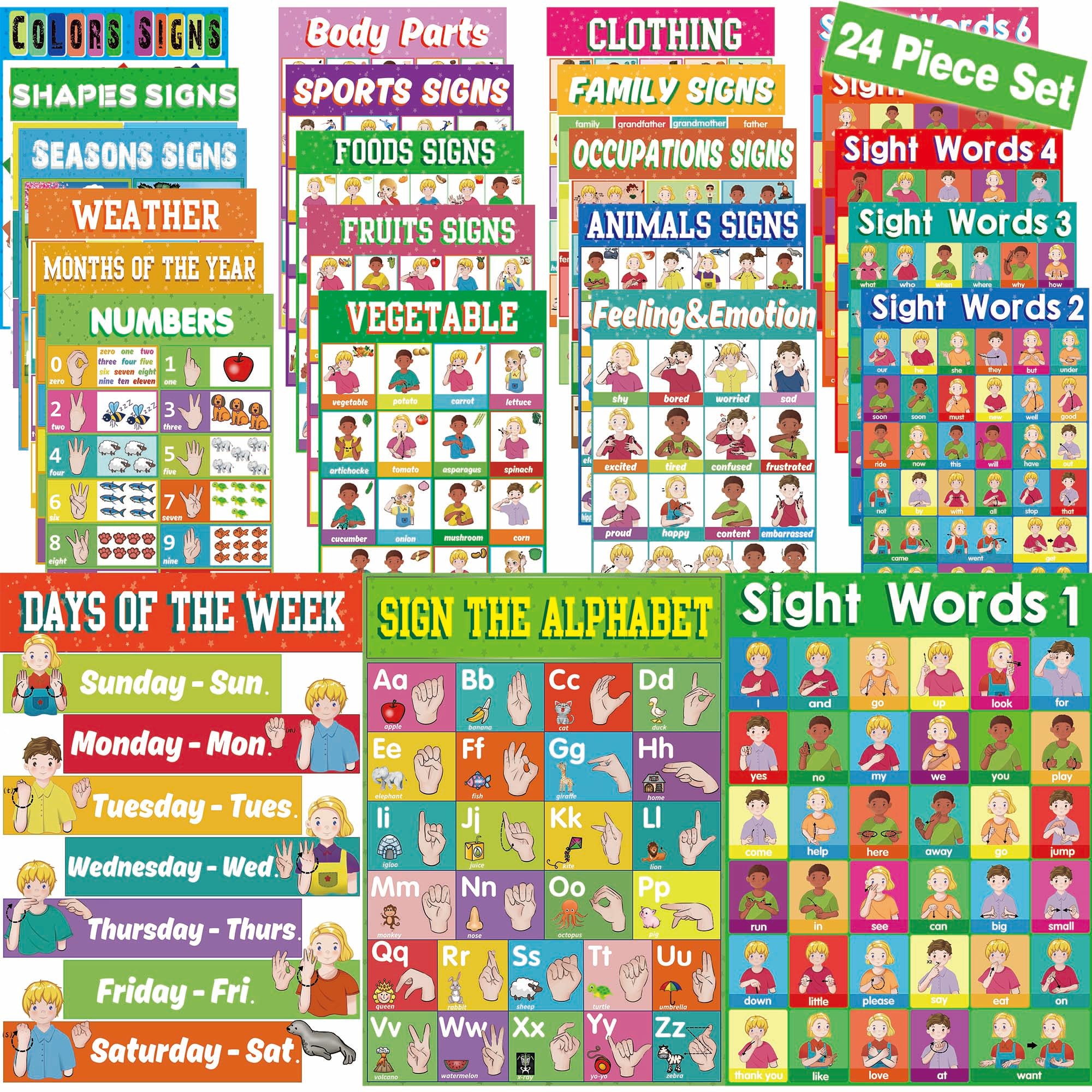 YIYDONG American Sign Language Posters ASL Posters for Toddler Kids, ABC Sign Language Flash Cards, ASL Alphabet Poster for Classroom Decorations 17x13 inch (Set of 24)