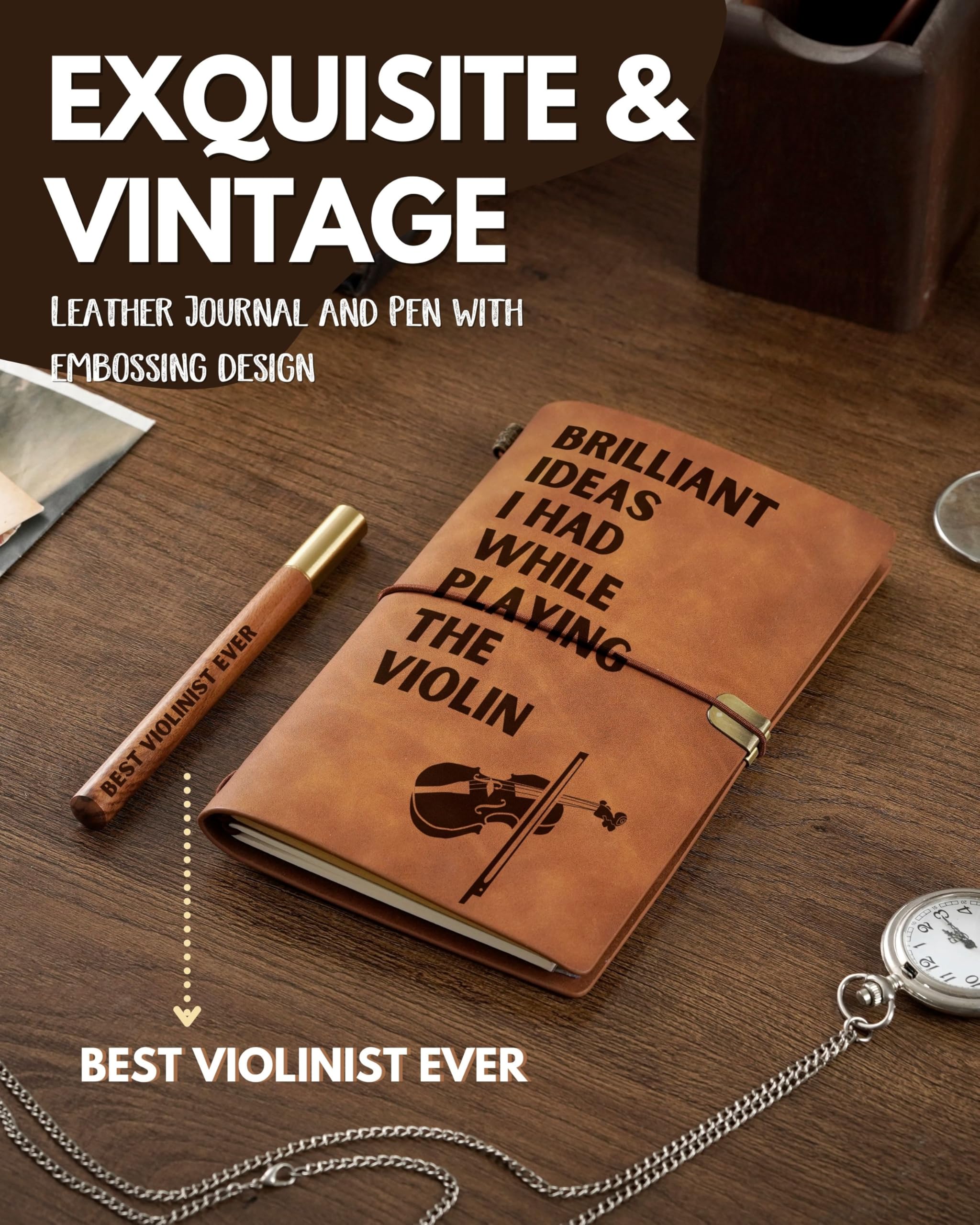 InnoBeta Violin Gifts for Men Women, Leather Journal Notebook 7x5 Inches for Violin Players, Violinists, Refillable Sketchbook, Travel Diary, Lined Planner for Birthday, Christmas