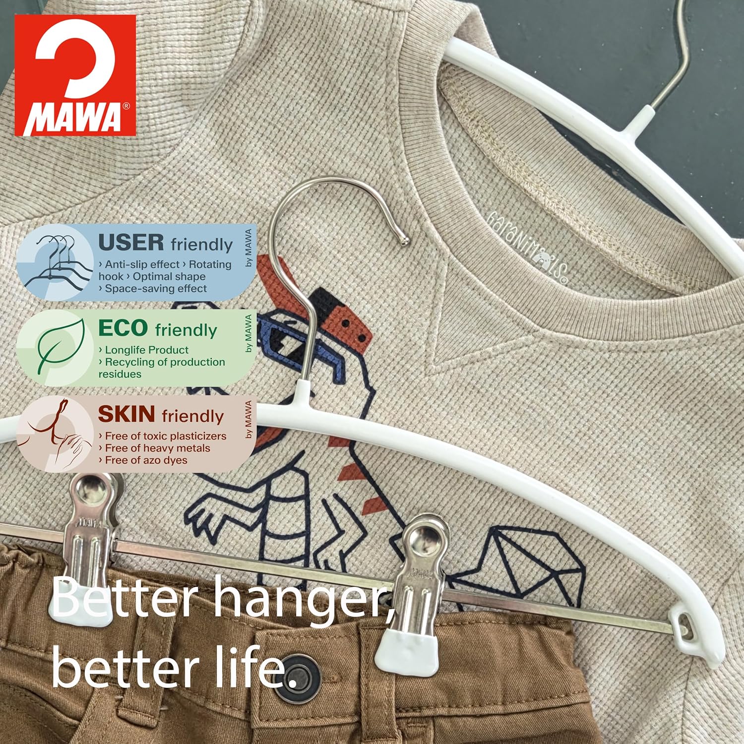 MAWA Toddler/Children Clothing Hanger with Strong Metal Non-Slip Adjustable Clips, Non-Slip Coating, Rotating Hook, White, Set of 5