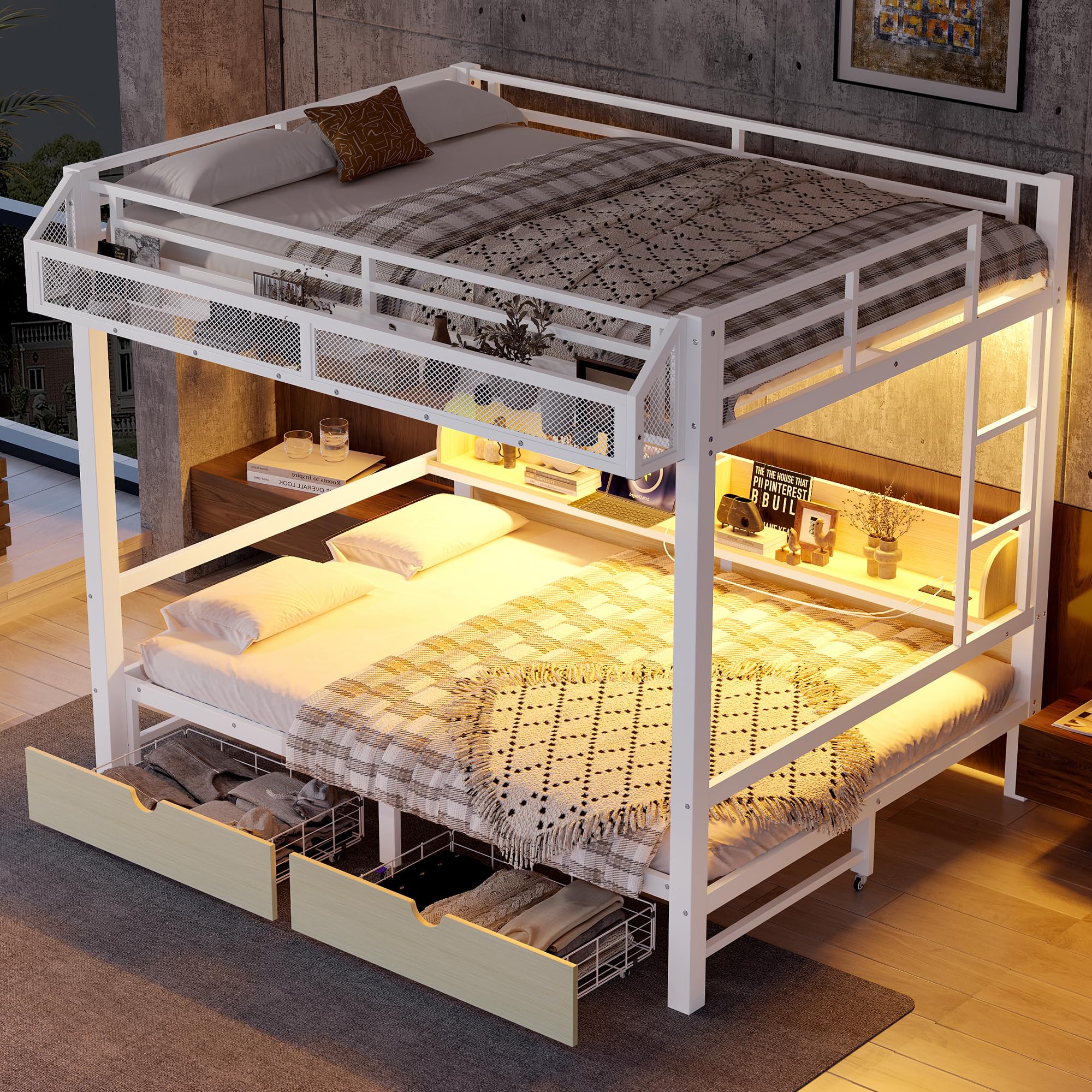 Bellemave Queen Over Queen Bunk Bed Frame with Storage Shelves & Drawers, Metal Bunk Bed Queen Over Queen with Charging Station & LED Lights,