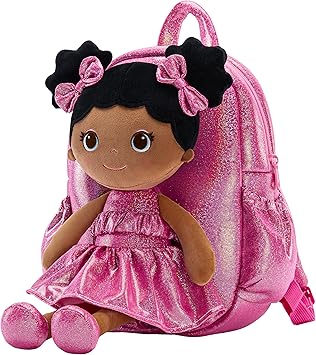 Lazada Toddler Backpack - Baby Girl Gifts Curly Fingerprints Plush Doll Dress Backpack - Fashion Girls Curly Rolled Fingerprints Series - Rose Red 11 Inches