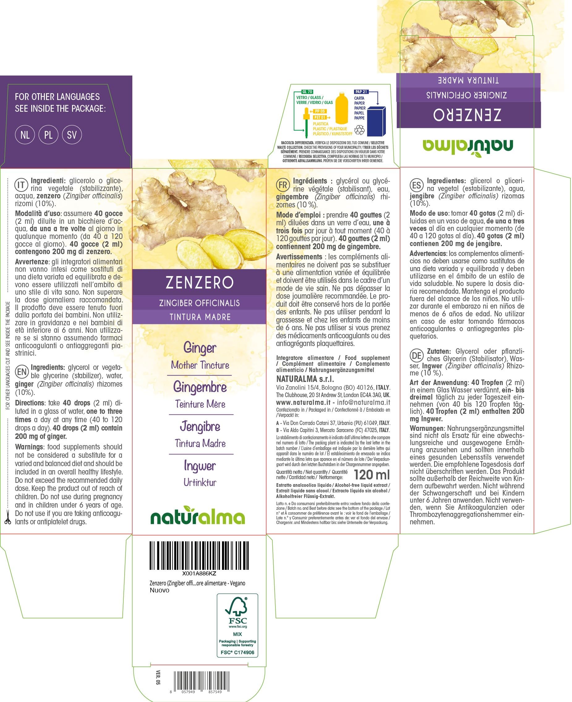 Jengibre (Zingiber officinalis) rizomas Tintura Madre sin alcohol Naturalma - Extracto líquido gotas 120 ml - Complemento alimenticio - Vegano