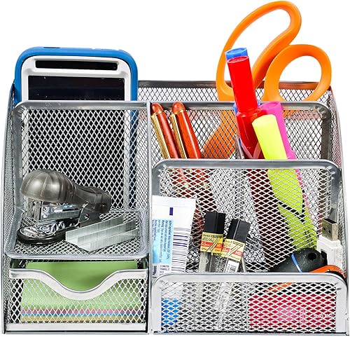 Organizador de escritorio de malla de alambre con 6 compartimentos para suministros de oficina con cajón adicional, paquete adicional de 100 notas