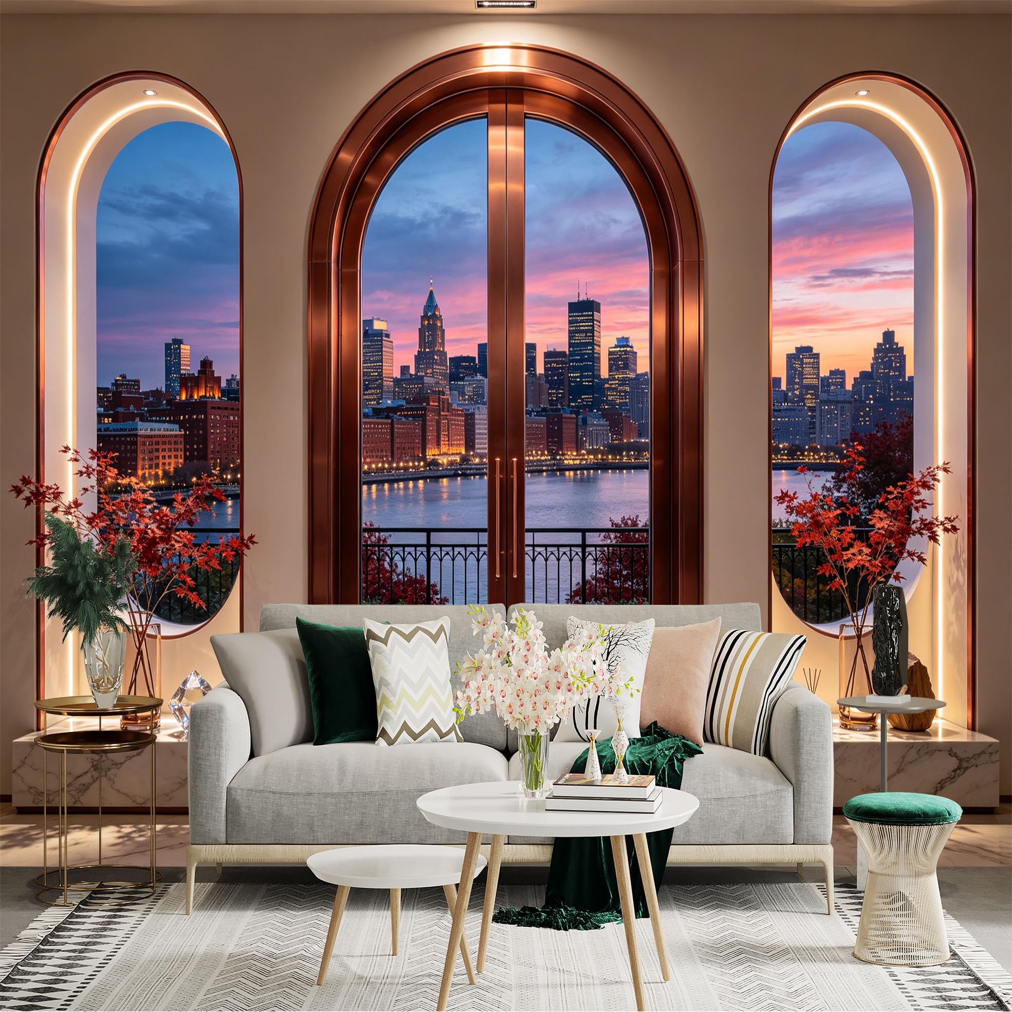 Custom Size Wall Sticker Mural， Sunset City Skyline River View Through Arched Window， for wall Decoration， peelandstick wall Decals.