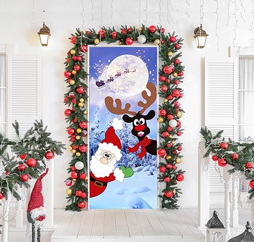 Miniatura 6 de Cubierta de puerta de Navidad, decoración de puerta de Navidad, lindo Papá Noel, reno, invierno, Navidad, telón de fondo, cubierta de puerta,
