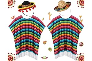 4 Pcs Cinco De Mayo Mexican Fiesta Serape Poncho and Straw Sombrero Headbands Costume
