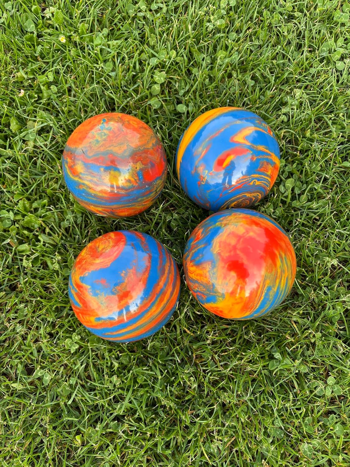 BuyBocceBalls Listing - Made in USA, Premium Quality Official Tournament 4 Ball Bocce Set, Regulation Size and Weight, 920 Grams (2 lbs. 1 oz.) - Marbleized Orange, Blue, Yellow - 107mm