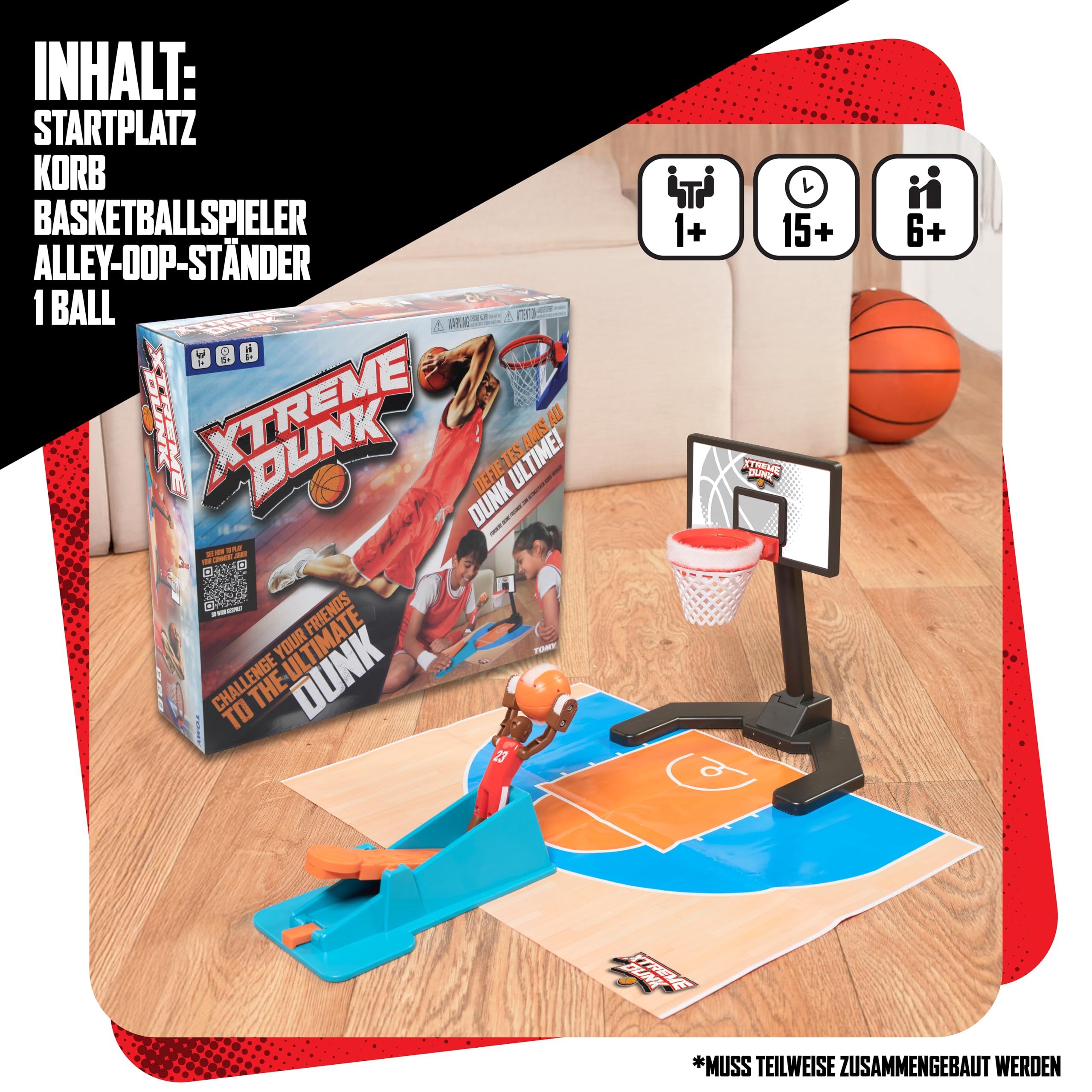 TOMY Xtreme Dunk Basketballspiel, actionreiches Spielzeug für Kinder, mit Abschussrampe und Trickwurf-Funktion, Slam Dunks und Alley-Oops, für 1–4 Spieler, ab 6 Jahren, ohne Batterien