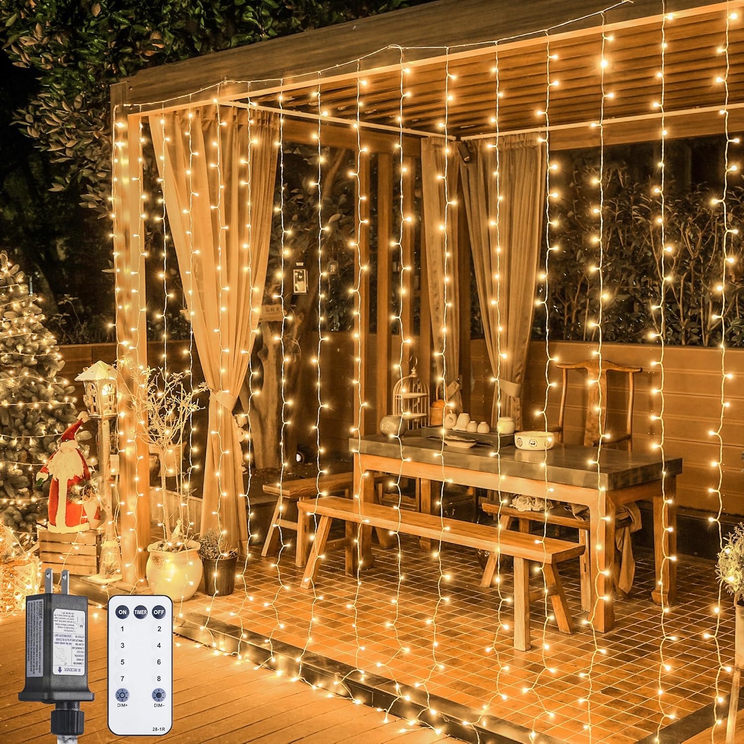 JMEXSUSS 900 LED Outdoor Christmas Curtain Lights, 9.5x29.5ft Christmas Lights Plug in with Remote, Twinkle Hanging String Light for Bedroom Wall Wedding Backdrop Window Gazebo Decor, Warm White *Warm White 900 LED