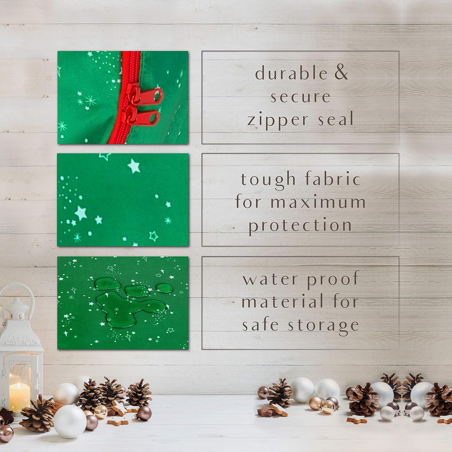 CLOZZERS Christmas Wreath and Garland Bag with Durable Zippered Closure and Sturdy Handles, for Wreaths up to 30” Inches, Heavy Duty, Tear Proof and Water Resistant, Green Stars Print