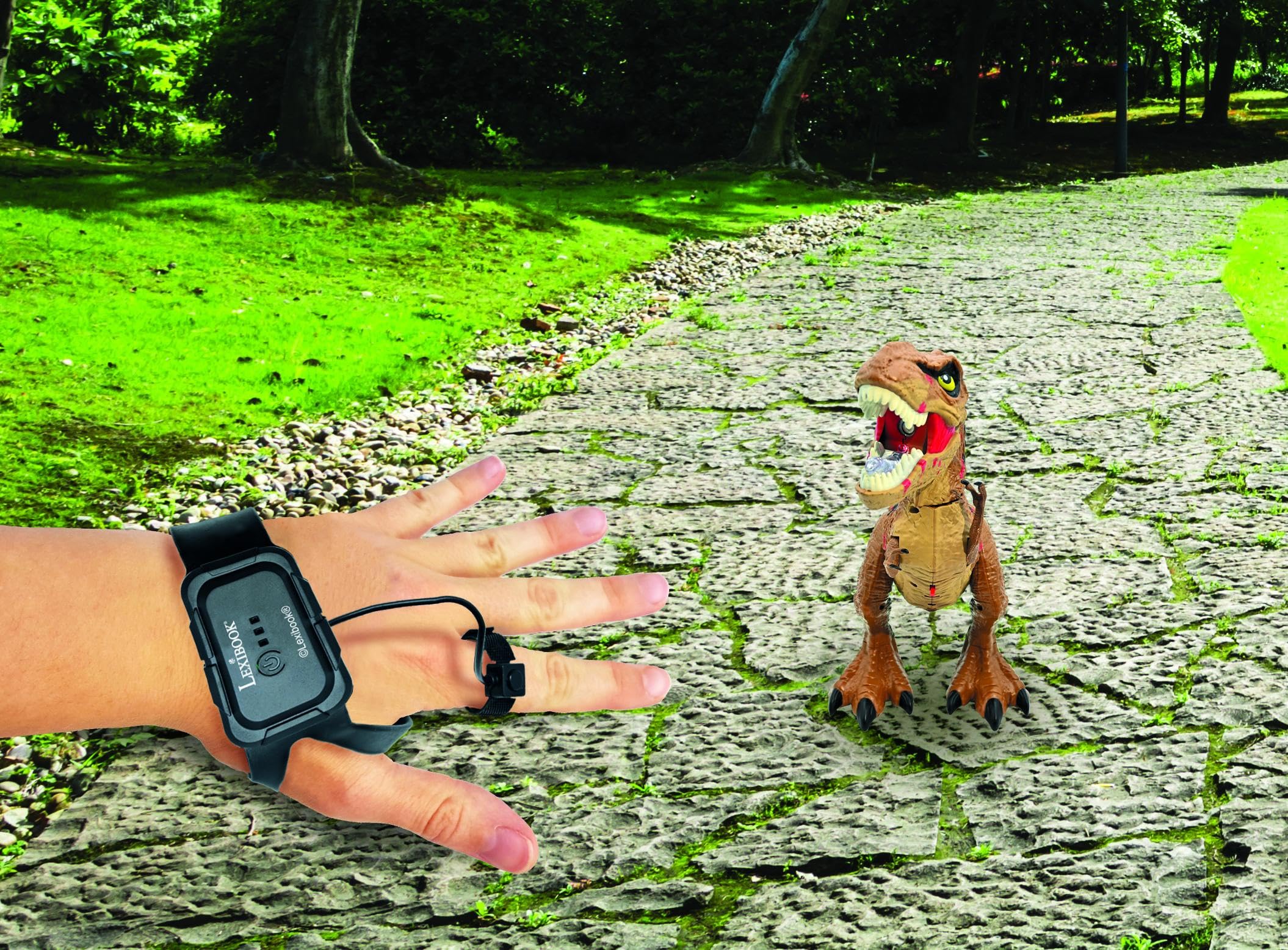 Lexibook - Tirannosauro di Controllo RC, Dinosauro Realistico, Movimenti articolati, Ruggito, Sputo di Fumo, Effetti di Luce, Ricaricabile, Fossili e telecomandi Portatili Inclusi, DINO02LXB