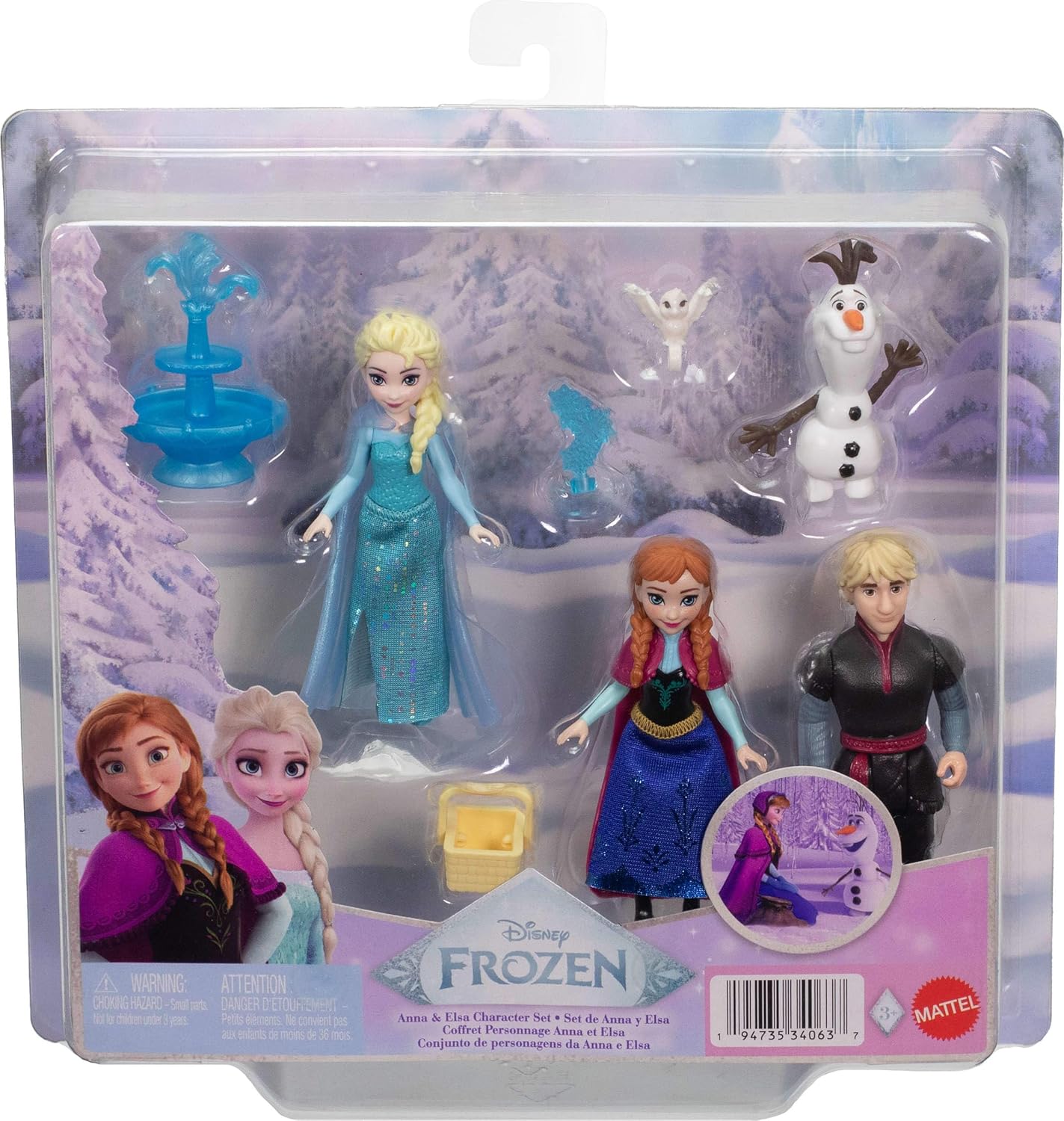 Mattel Disney Frozen Toys, Small Doll 4-Pack with Anna, Elsa, Kristoff & Olaf, Plus Fountain and 3 Storytelling Accessories, Inspired by Movie