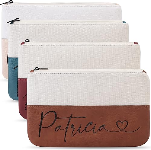 Bolsa de maquillaje personalizada con nombre - Cuero vegano y lona, Castaño