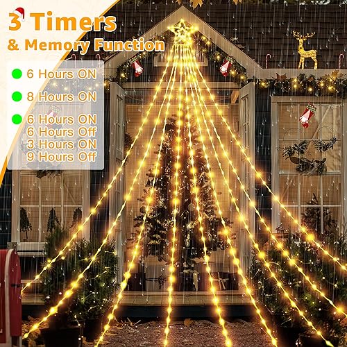 Miniatura 6 de Ollny Luces de Navidad para exteriores, 352 LED, 11.5 pies, luz blanca cálida para árbol de Navidad con control remoto enchufable, 8 modos IP67