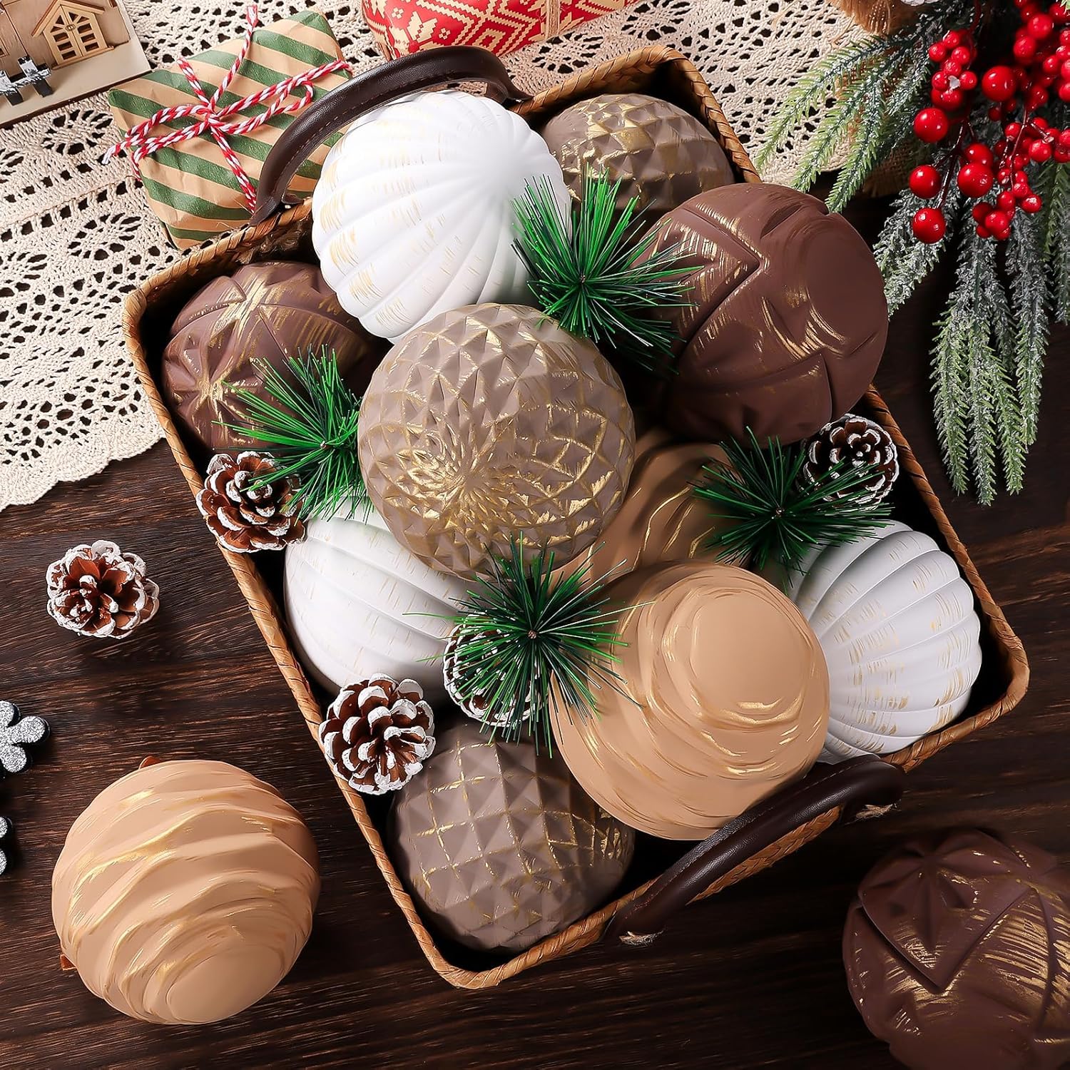 12 Pcs Neutral Textured Christmas Ball Ornaments 4 Inch Xmas Tree Decorations Rustic Farmhouse Boho Vintage Hanging Ornaments Earth Toned Home Decor for Tree Party Holiday (Brown01)