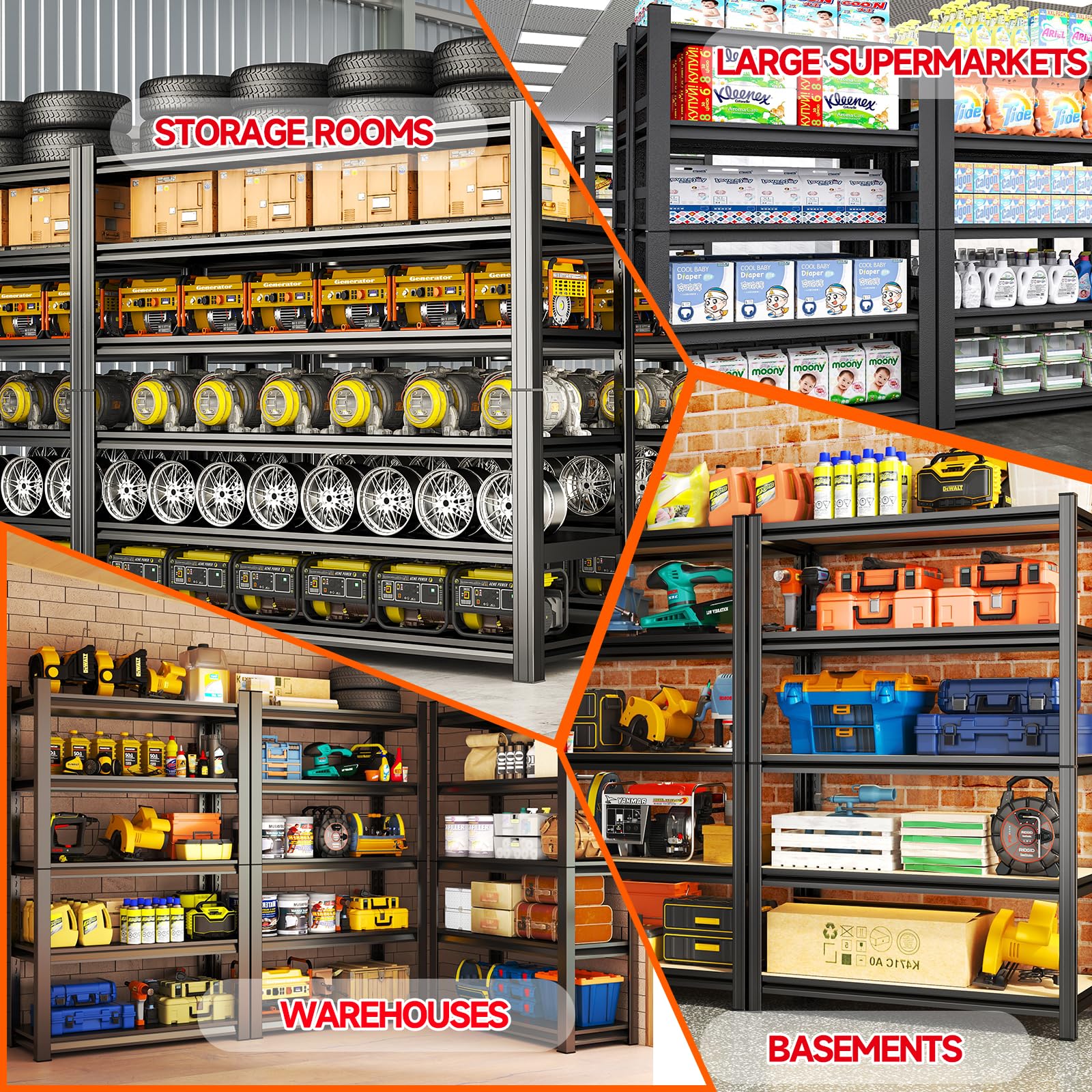 Scaffalatura per garage in metallo resistente, 5 ripiani regolabili, capacità di carico 1360,8 kg, ideale per garage, cantina, magazzino, dispensa, organizzazione attrezzi, 80 cm, nero