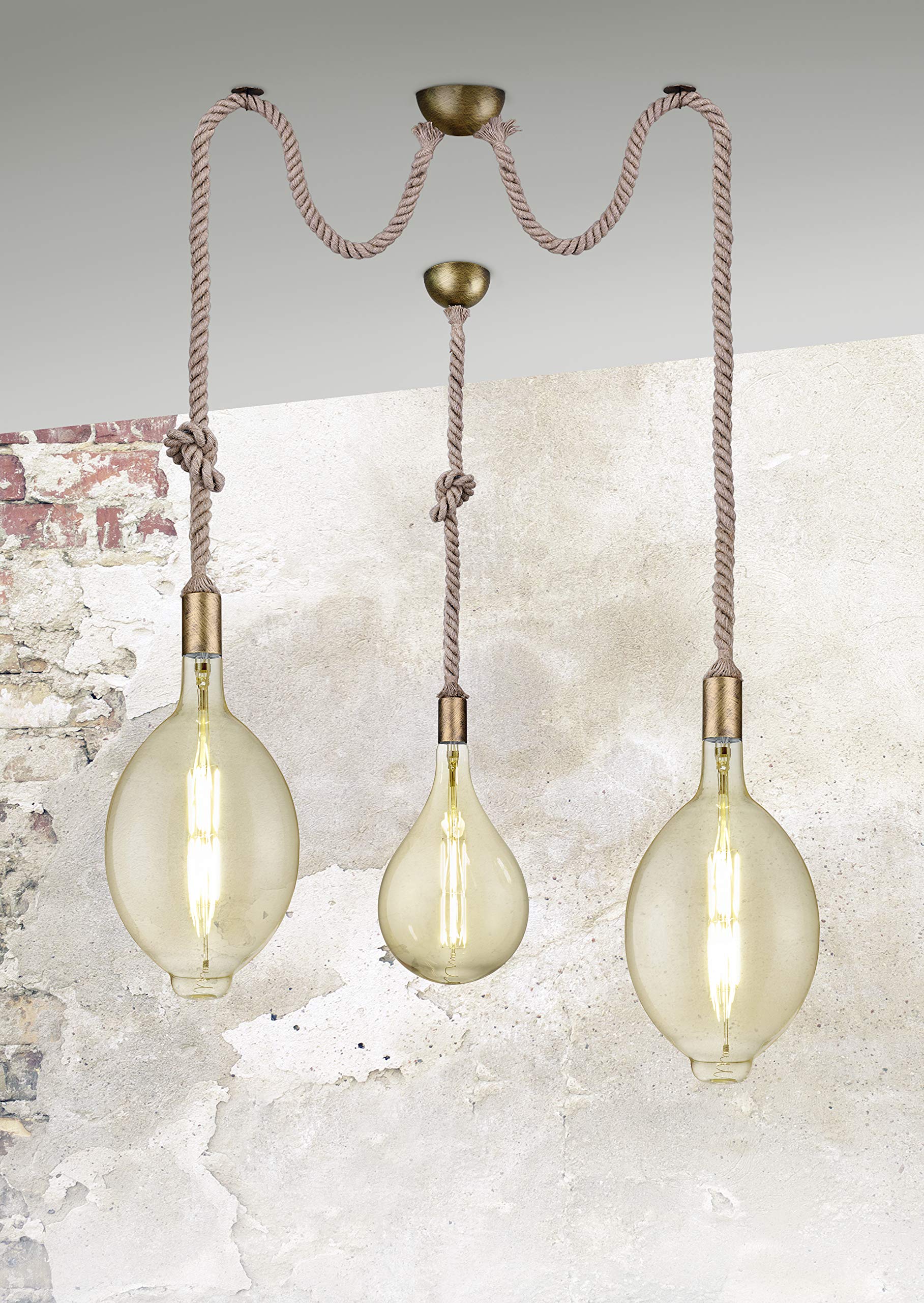 Trio Leuchten 310100204 - Lampadario a sospensione Rope, in ottone anticato e lino 1 x E27.