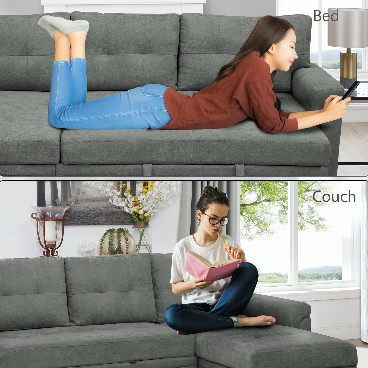 Naomi Sleeper Sectional Sofa Convertible Bed Chaise Stress-Relieving Design Durable Cushions - Gray/Velvet