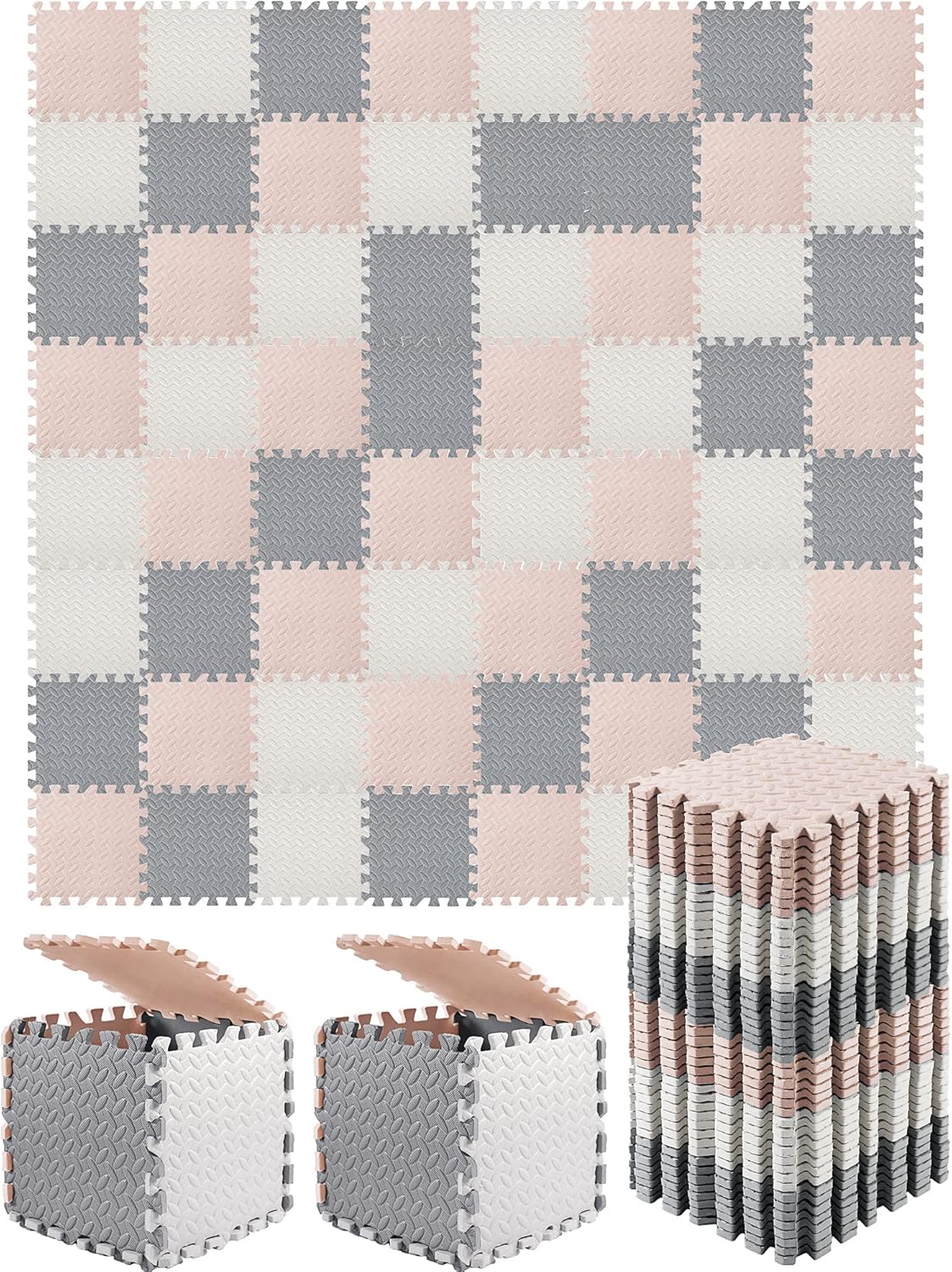 Shihanee 64 Pcs Foam Floor Baby Tiles Foam Floor Mats Play Mats Bulk with Borders Interlocking for Kids Baby Playroom Nursery Gym (White, Beige, Gray, 64ft)