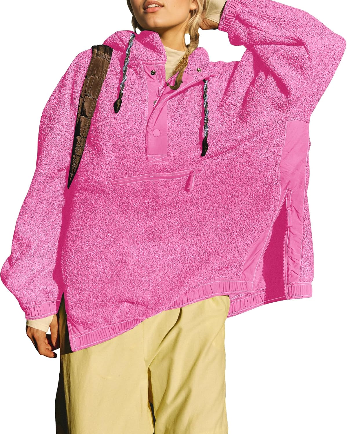 Gacaky Womens Oversized Fleece Pullover Casual Fall Winter Warm Side Zipper Slit Button Down Hoodies Fashion Outfits Clothes