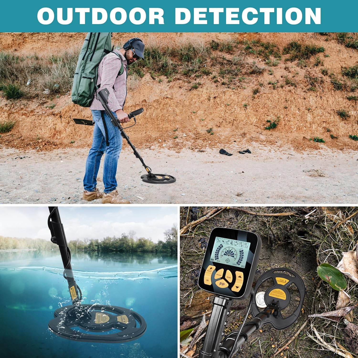 Professional Metal Detector for Adults,12-inch Detection Depth Beach Metal Detector with 12-inch DD Coil,DISC & PP Mode,LCD Backlight Display Gold Detectors