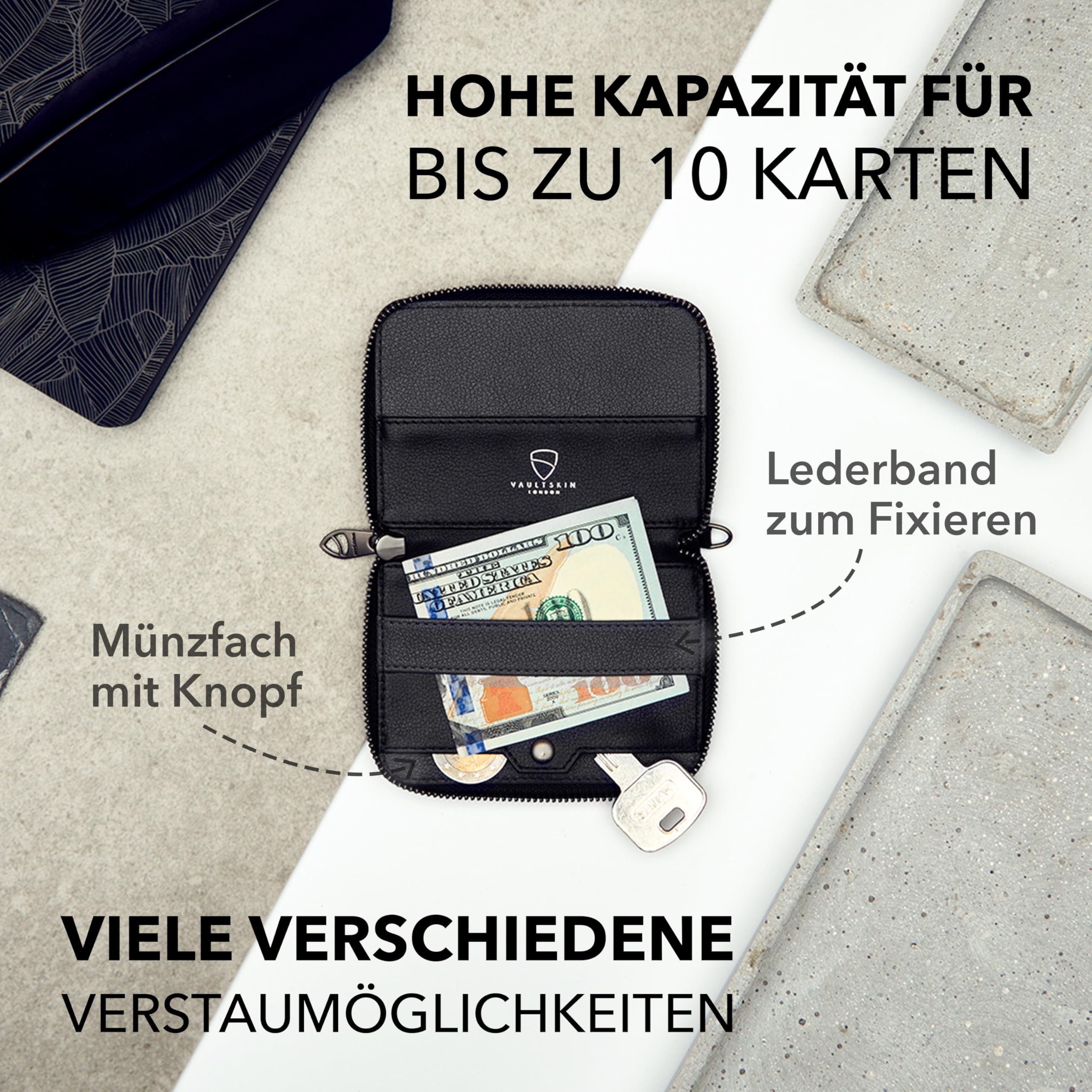 Vaultskin Notting Hill Leder Geldbörse mit Reißverschluss, RFID (Schwarz) | Kleines Portemonnaie für Damen, Herren, Portmonee klein, Münzfach, Schlüssel D-Ring, Mini Geldbeutel, 10 Karten, Geschenkbox