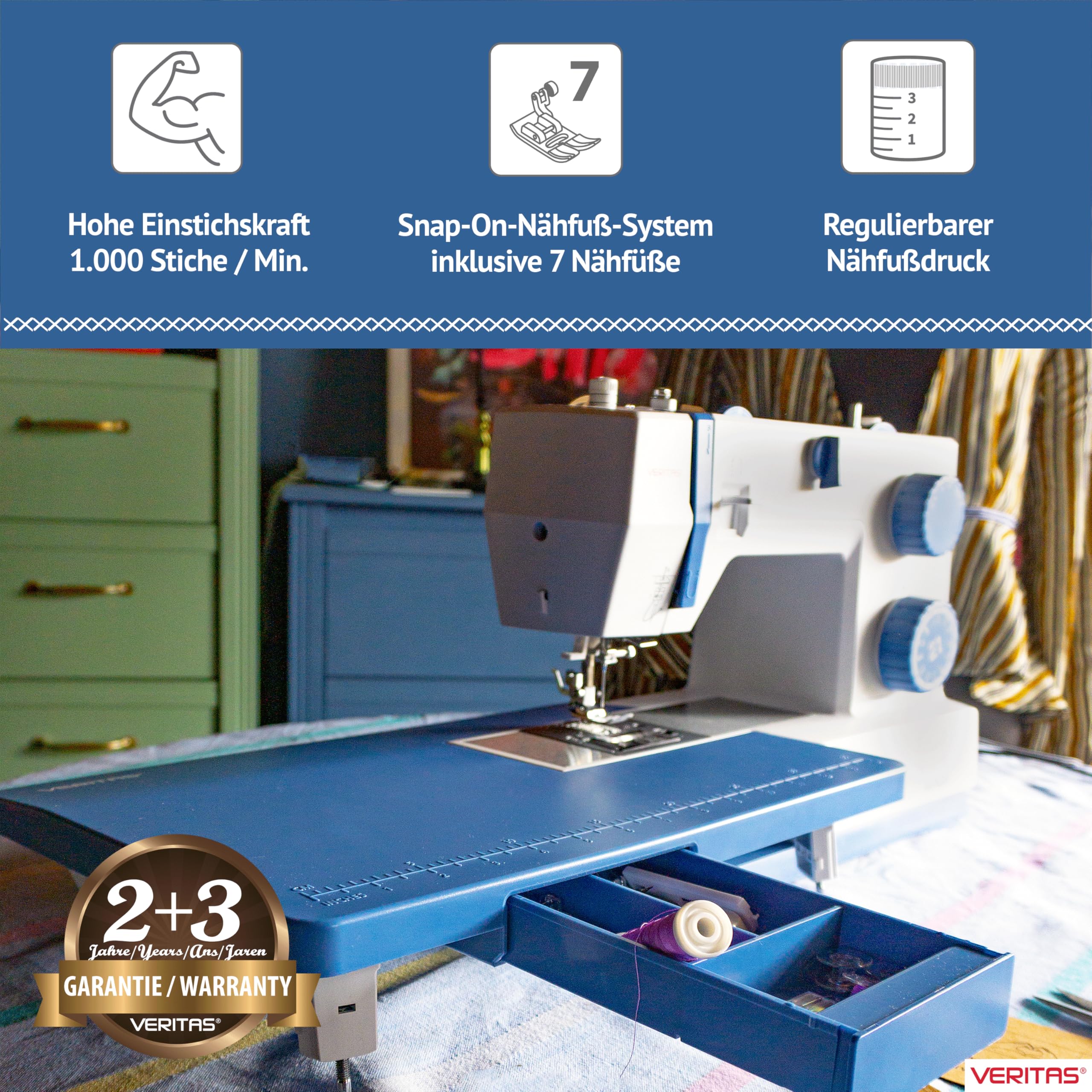 VERITAS Power Stitch Denim Nähmaschine – XXL Anschiebetisch, Einfädelhilfe, Fußpedal, bis 1.000 Stiche/Min., einstellbarer Nähfußdruck, Freiarm – für Jeans, Leder & feine Stoffe