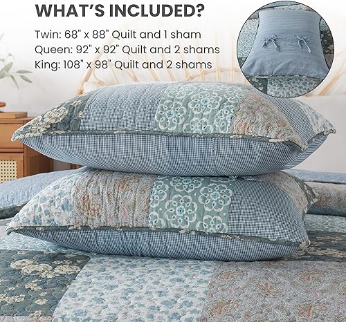 Miniatura 6 de SLPR Wildflowers - Juego de edredón de algodón, tamaño Queen con 2 fundas, diseño de retazos florales azules y grises, colcha acolchada con patrón