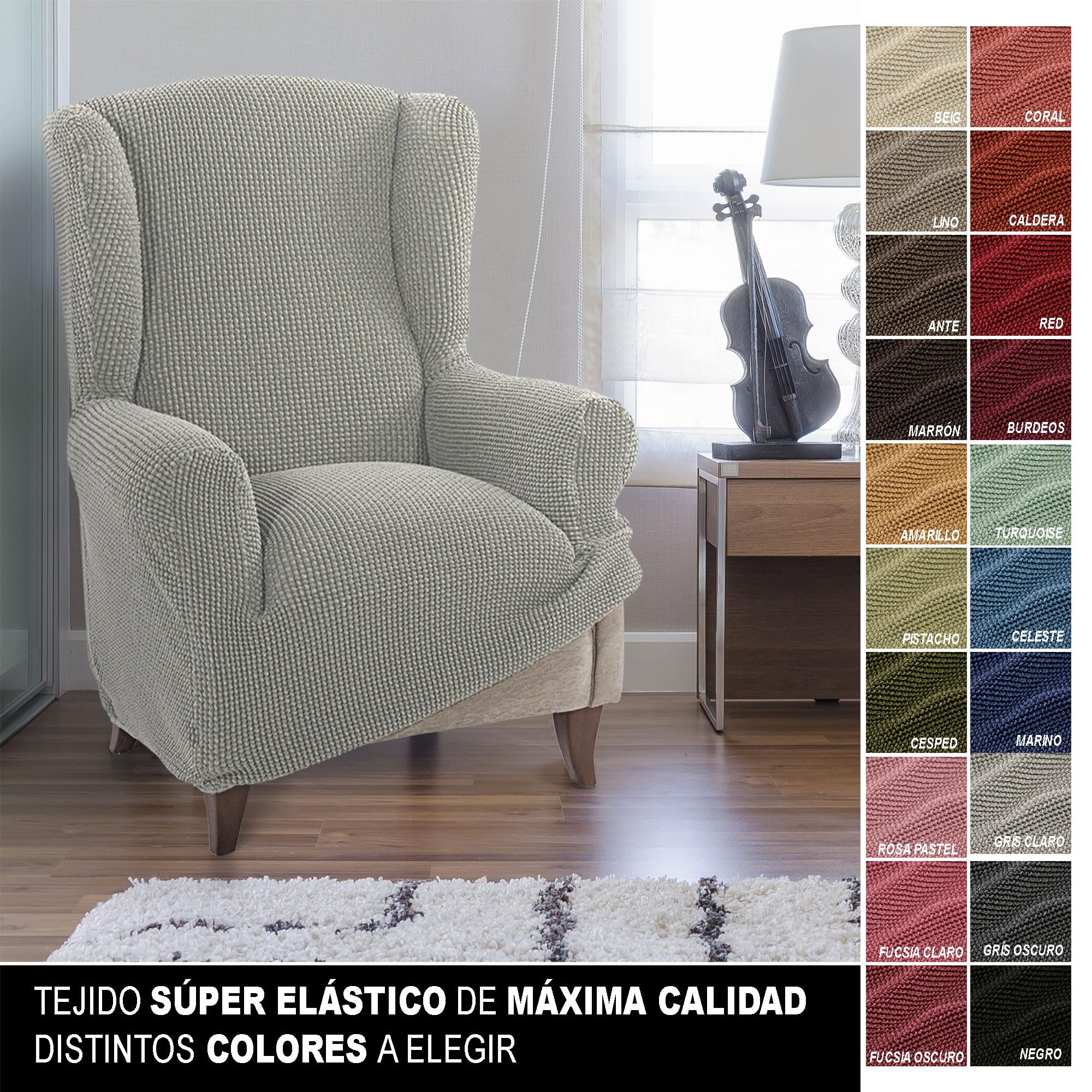 FAVERTI® Super elastischer Sesselbezug für Ohrensessel, 1-Sitzer, 70 bis 100 cm, Modell Novelle, hellgrau, Qualitätsschutz aus Jacquard-Stoff, Baumwoll-Touch, Ohrensesselschutz