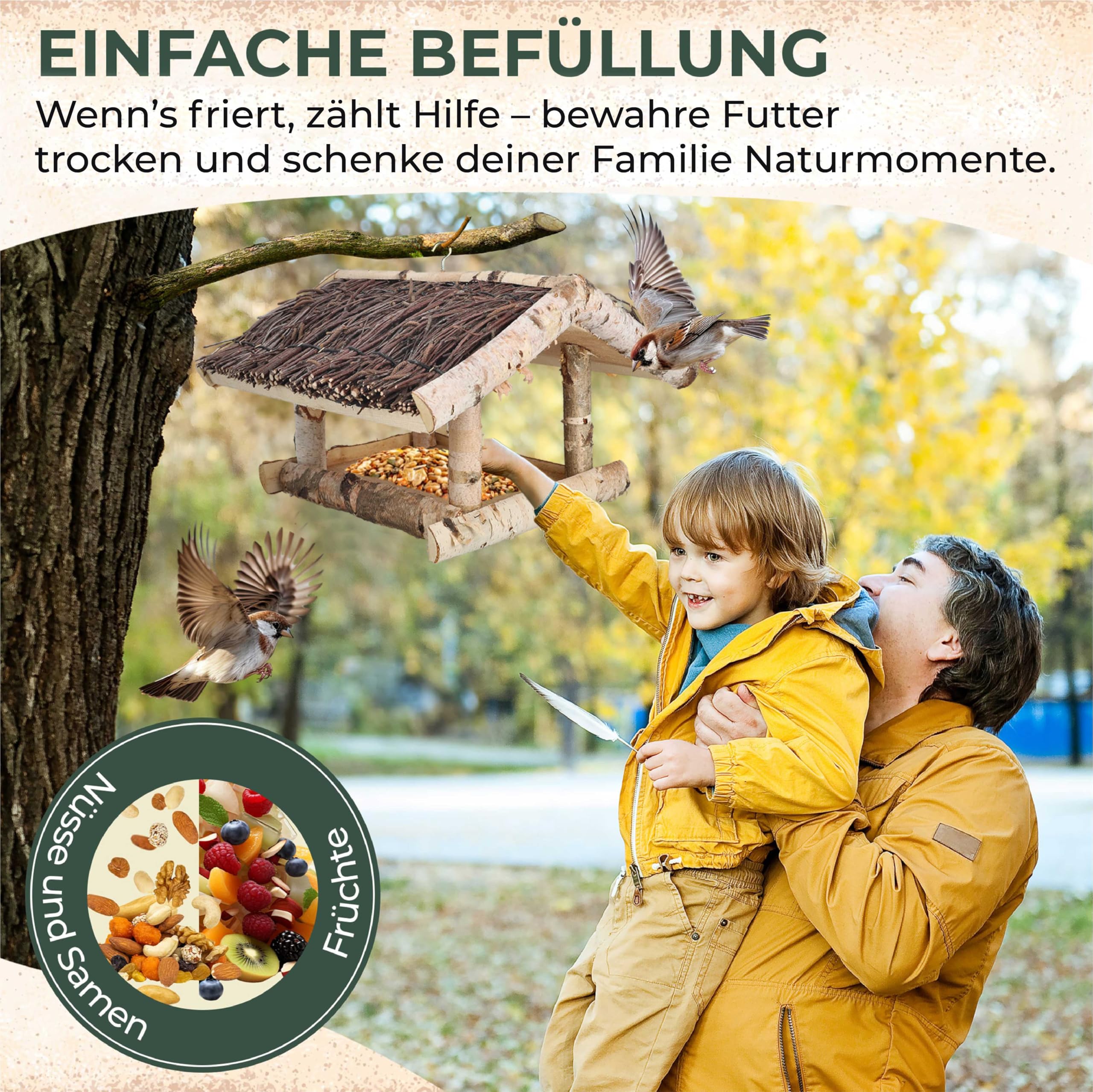 Vogelfutterhaus zum Aufhängen - Futterhaus für Vögel hängend - Bird House - wetterfest -wetterbeständiges Dach, 39×35×25 cm, inkl. 500g Vogelfutter sofort einsatzbereit Handgefertigt in der EU