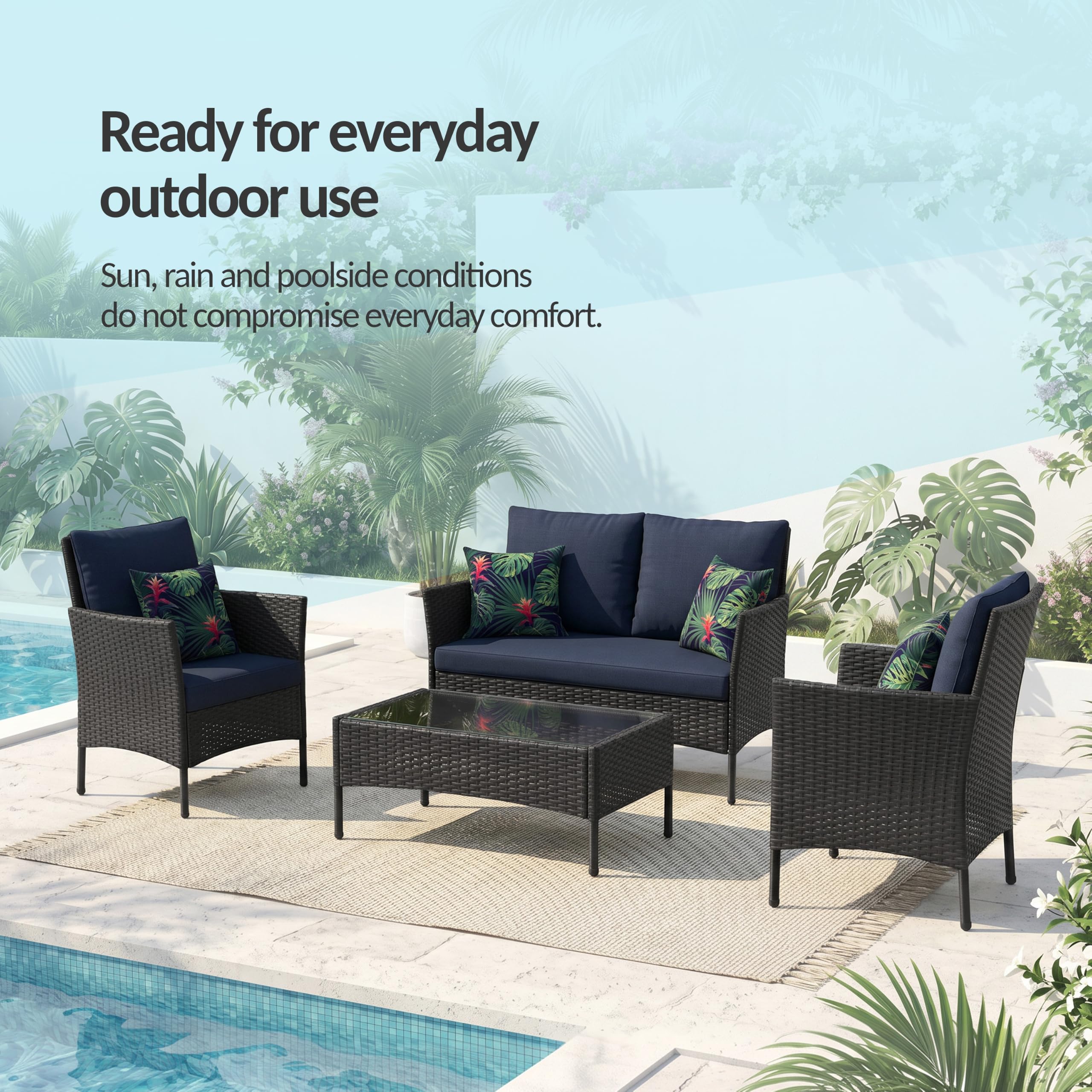 POKAR Set Giardino Rattan Grigio con Cuscini Seduta Grigio | Set 4 Pezzi, Divano 101x54x85, 2x Poltrona 58x54x85, Tavolino 68x42x38 cm, Resina Intrecciata, Metallo | Terrazzo e Patio