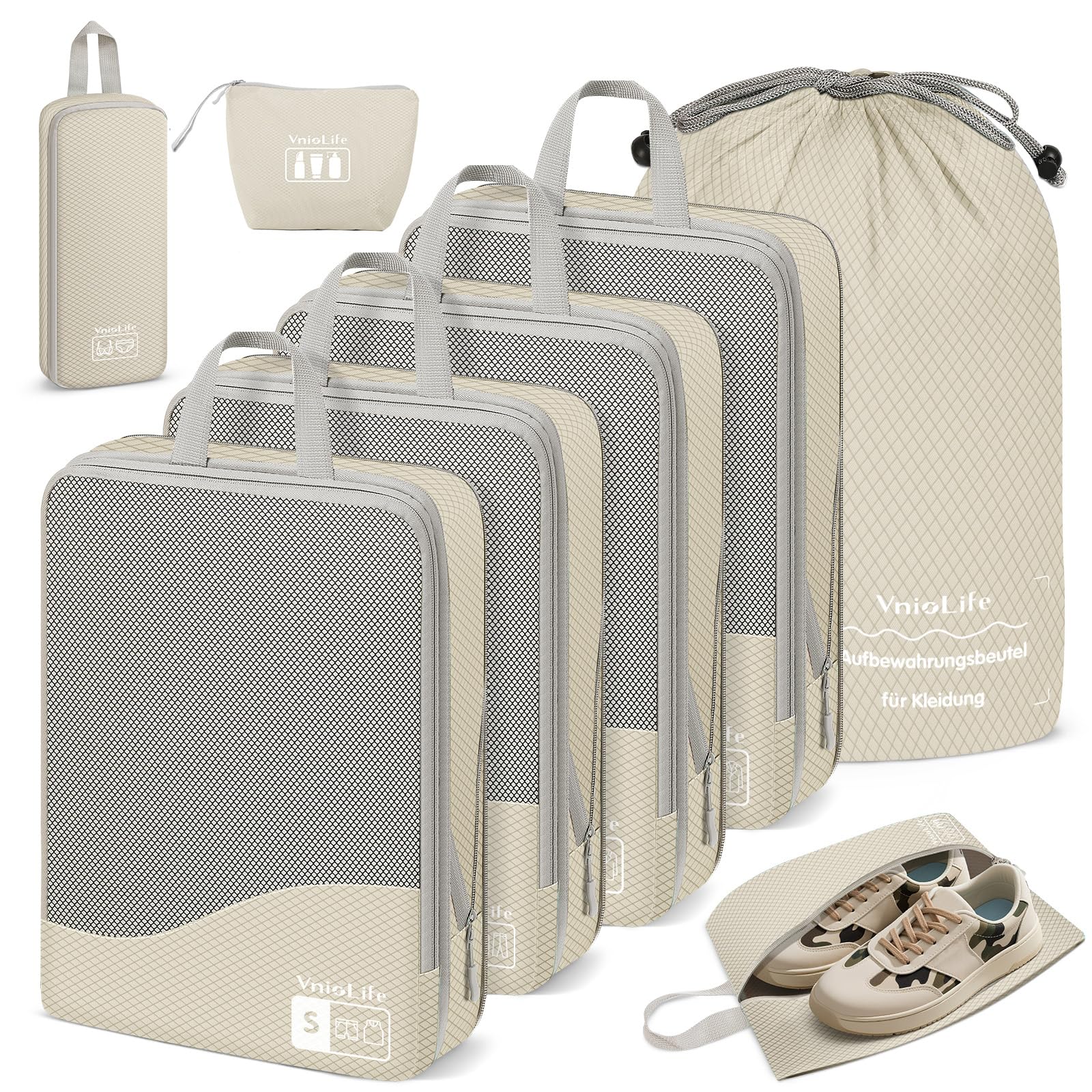 Compression Packing Cubes 8 Stück, Packwürfel Kompression, Koffer Organizer Kompression, Packtaschen Wasserdichte, Packing Cubes Backpack, Reise Organizer Set (Beige)