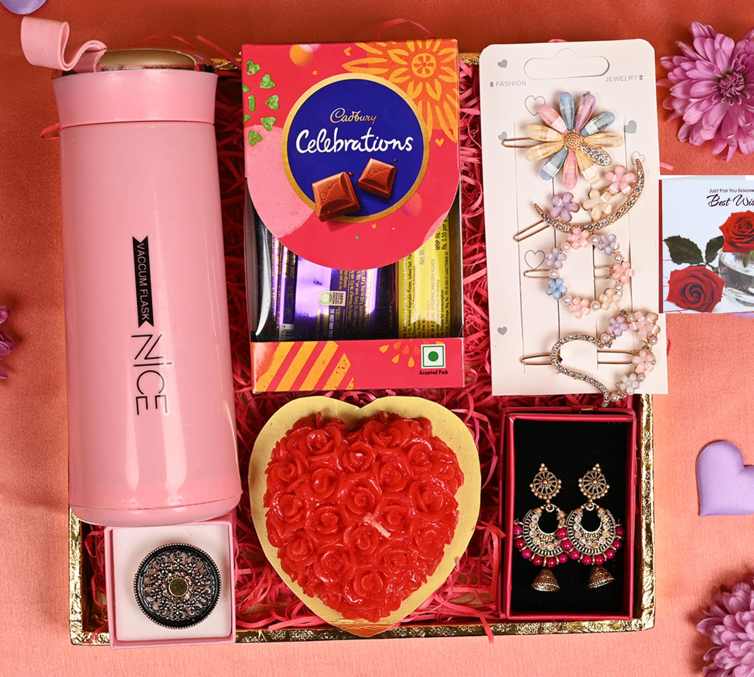 Rakhi gift for girls/rakhi gift hamper for sister-Decorated tray+Box of Cadbury Celebrations chocolate+water bottle+set of pins+pair of jhumki+Heart shaped candle+ring with box+Card-image-11
