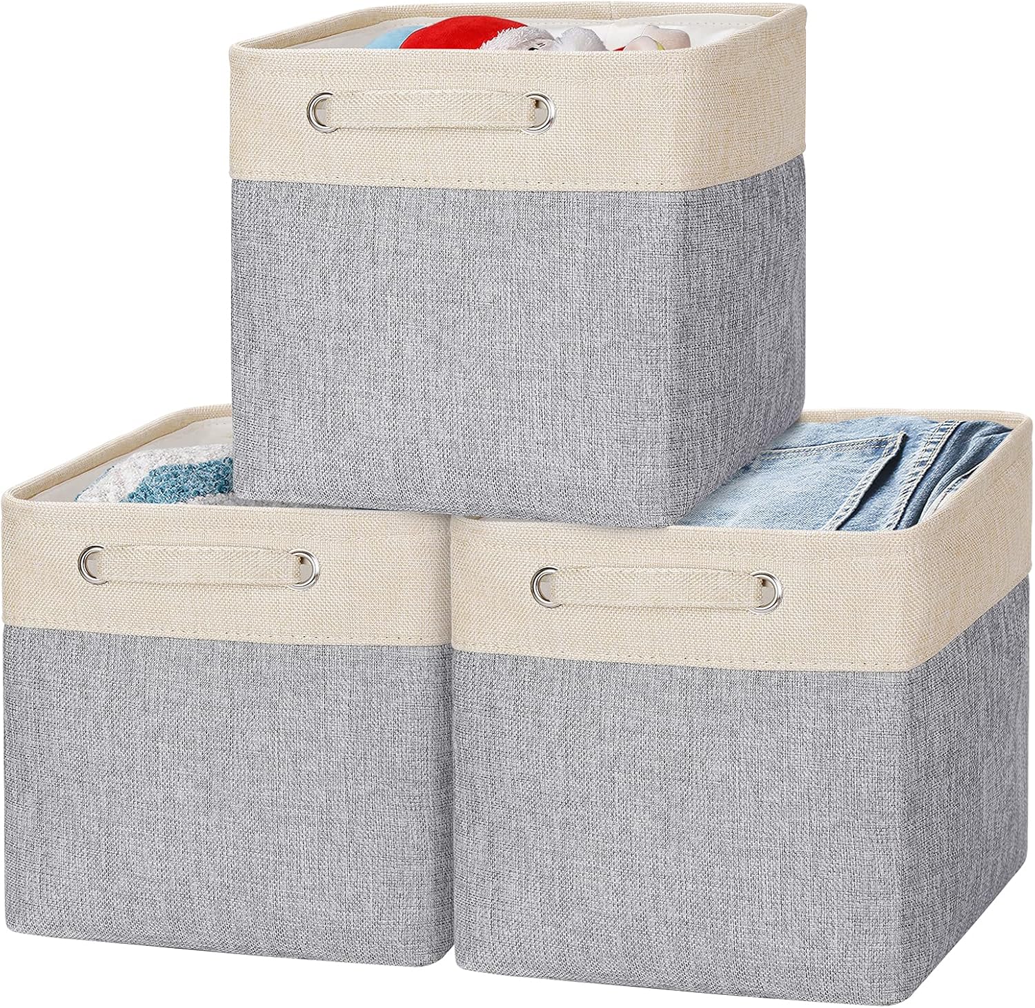 Storage Basket, Cube (3-Pack) Storage Bins, Sturdy Cationic Fabric Storage Cubes Box, With Handles, For Organizing Closets, Toys, Homes and Offices(Gray/ beige,10.5