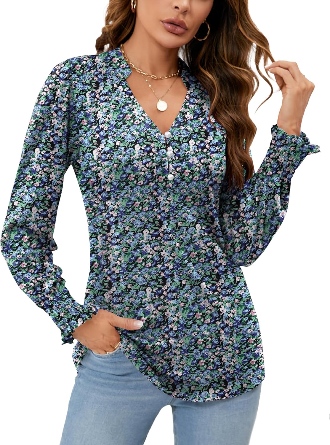 Womens V Neck Puff Long Sleeve Button Down Tunic Blouses Fall Tops 2025 Ruffle Cuffs Dressy Casual T-Shirts