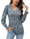 Rapbin Womens V Neck Puff Long Sleeve Button Down Tunic Blouses Fall Tops 2025 Ruffle Cuffs Dressy Casual T-Shirts