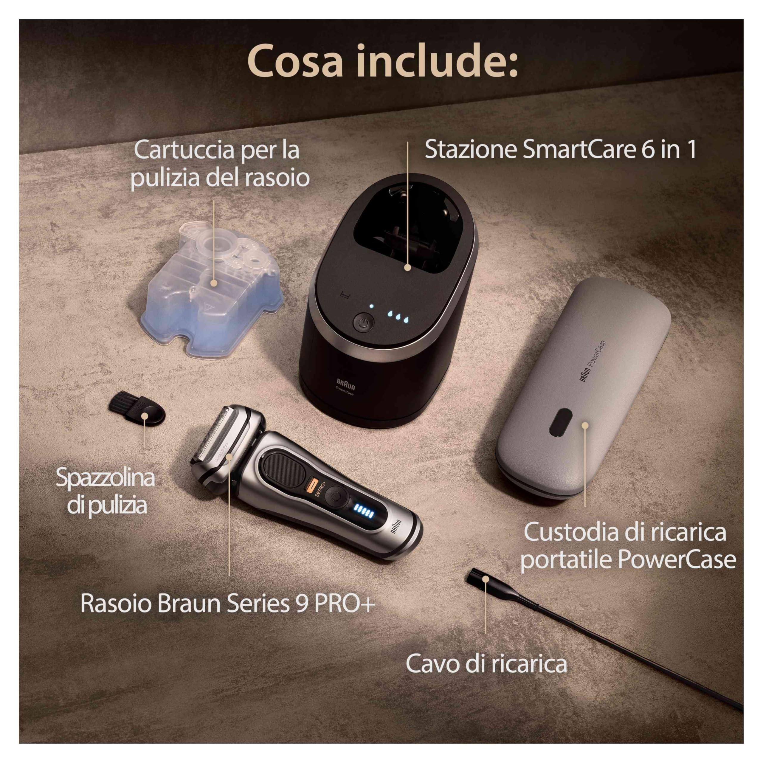 Braun Series 9 PRO +, Rasoio Elettrico Barba, Regolabarba Uomo, Rifinitore di precisione, con PowerCase, Lame Flessibili, SmartCare, Impermeabile, Batteria Litio Ion, Idea Regalo, 9577cc Argento