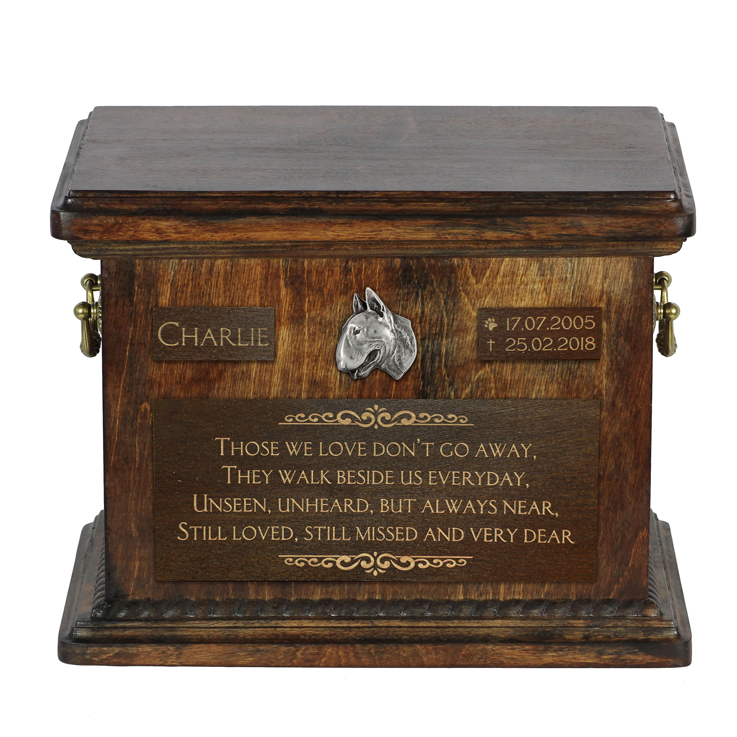 Art-Dog Pet Memorial Urn - Handmade Cold Cast Bronze Portrait on Birch Base - Personalized Dog Cremation Box – Custom Engraving – 8,3x11,4x8,7” – Flat bull terrier — image 1