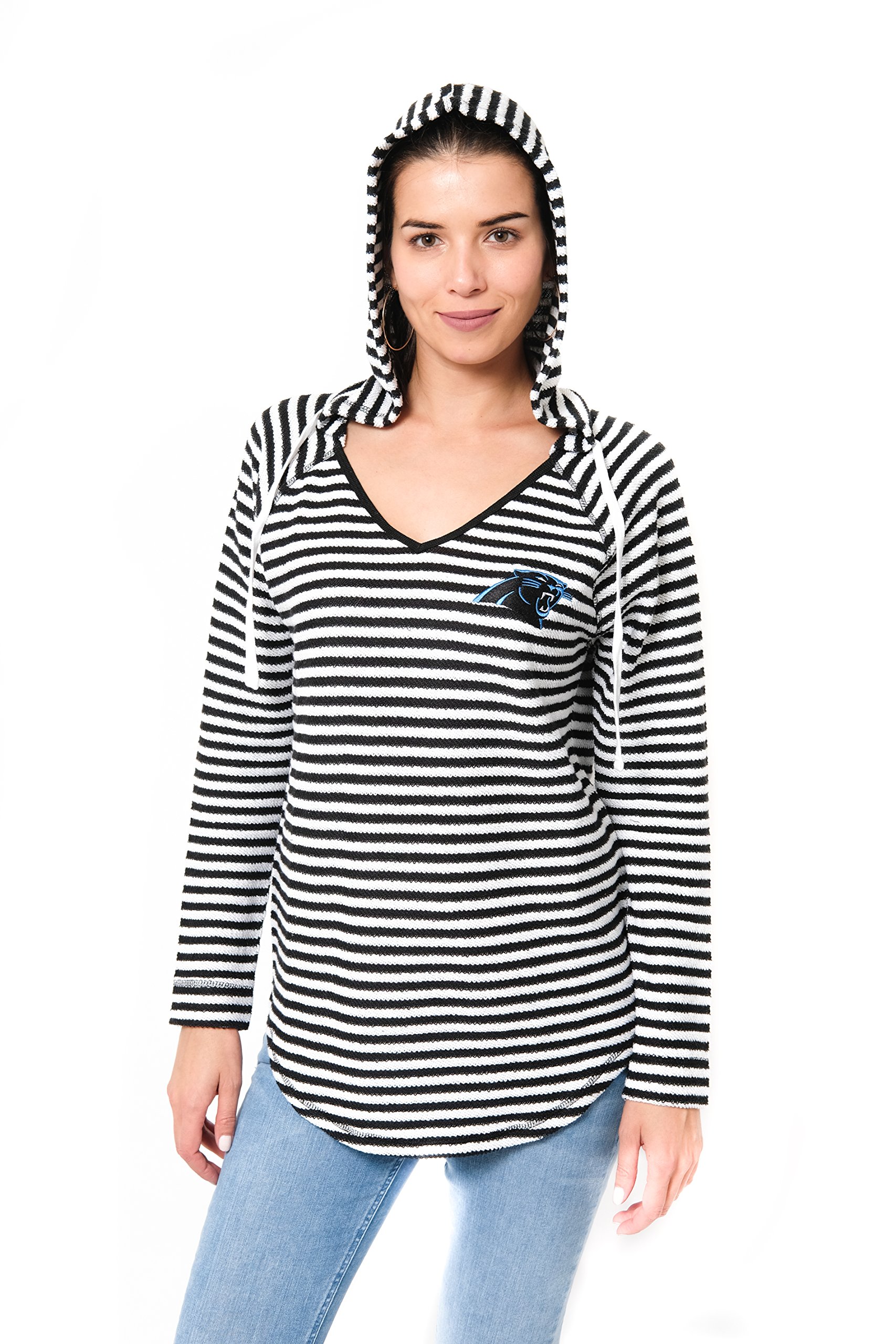 Ultra Game NFL Carolina Panthers Womenss V-Neck Hoodie Pulllover Sweatshirt Stripe, Team Color, X-Large