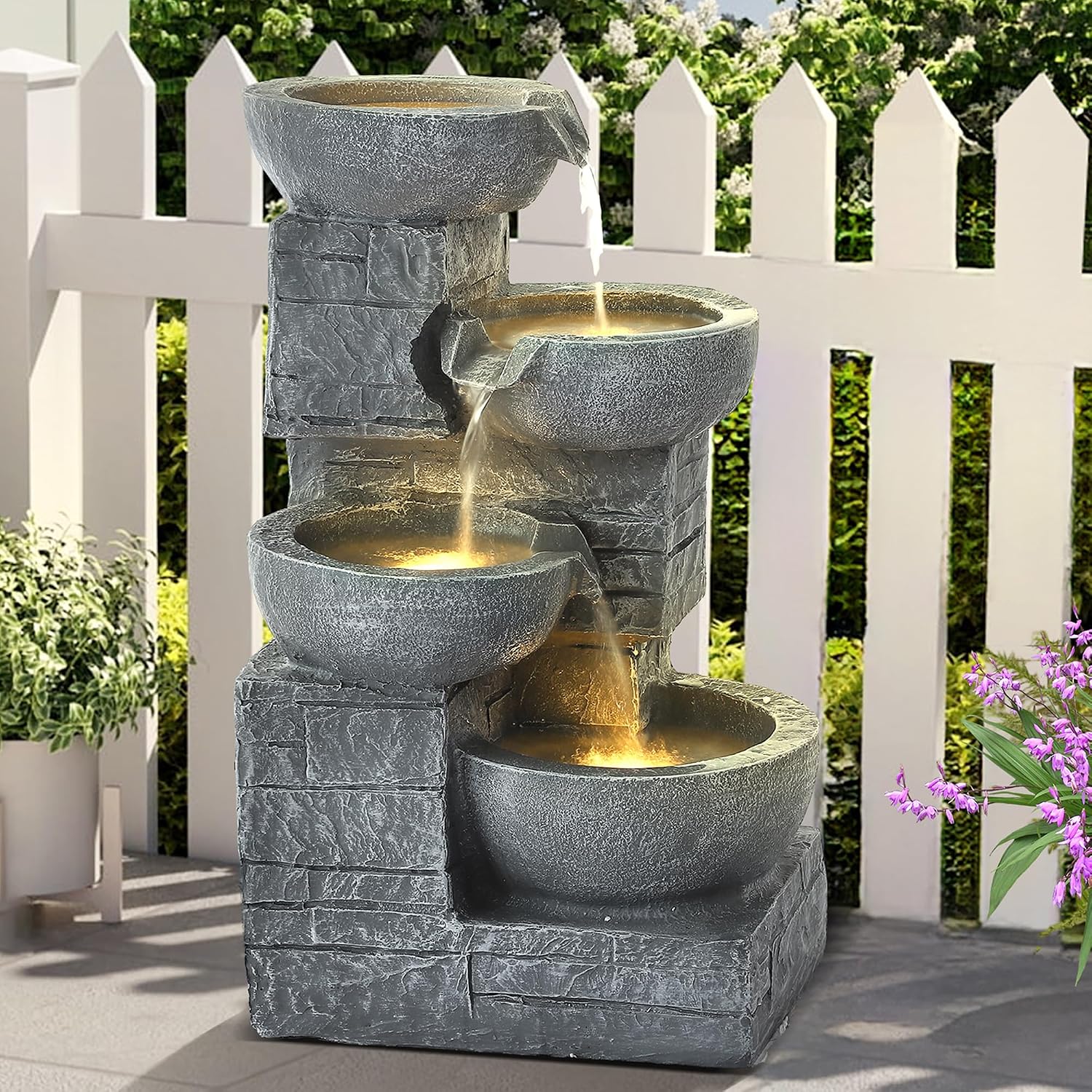 22" Outdoor Garden Water Fountains, 4 Tiers Cascading Resin Waterfalls Fountains with LEDs & Bowls, Modern Indoor Freestanding Patio Fountain for Patio, Deck, Yard as Home Decor (Light Gray)