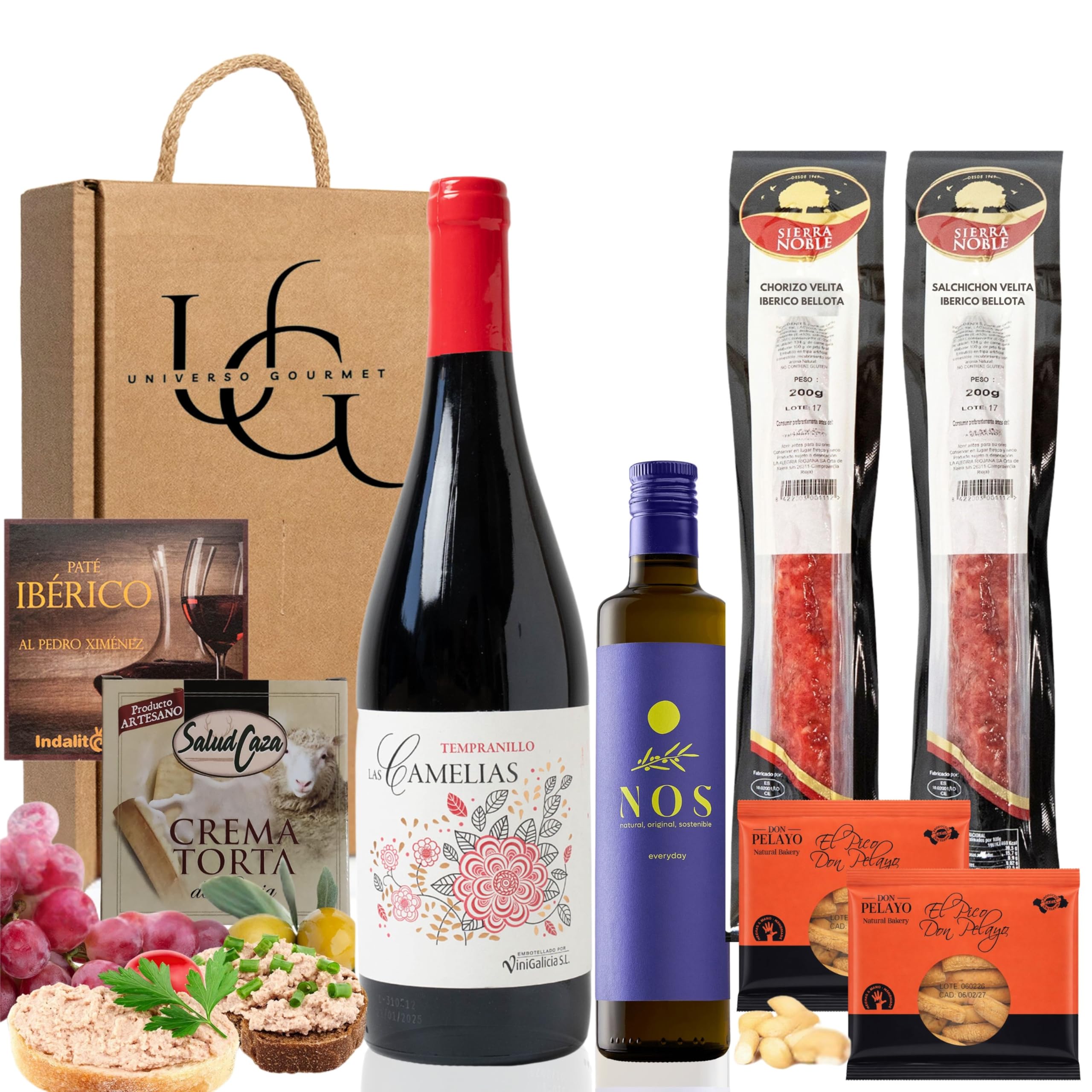 UNIVERSO GOURMET Präsentkorb Geschenkbox mit Rotwein 75 cl, Olivenöl, Chorizo, Salchichón, Paté, Schafskäsecreme & Picos