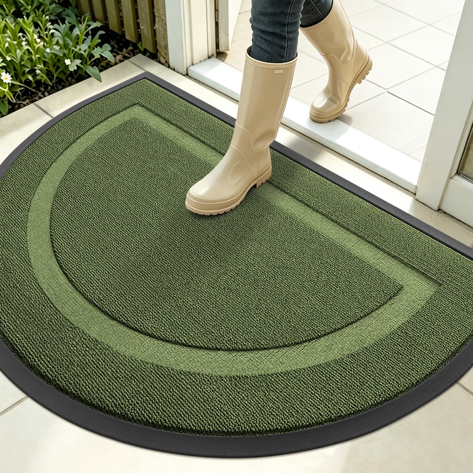 OLANLY Half Circle Front Door Mat Outside 35x23 All-Season Rubber Doormat | Classic Green, Absorbent, Heavy-Duty, Stain and Fade Resistant, Non-Slip Backing, Low-Profile Indoor Outdoor Entryway Mat