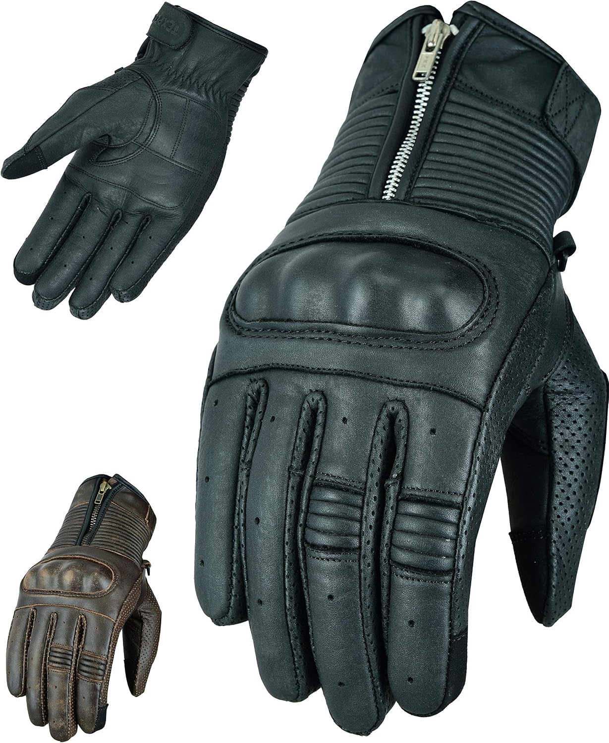 Texpeed Mens Motorcycle Leather Gloves - Motorbike Riding Biker Moped Zipped Gloves With Armour Protection Black - (M)
