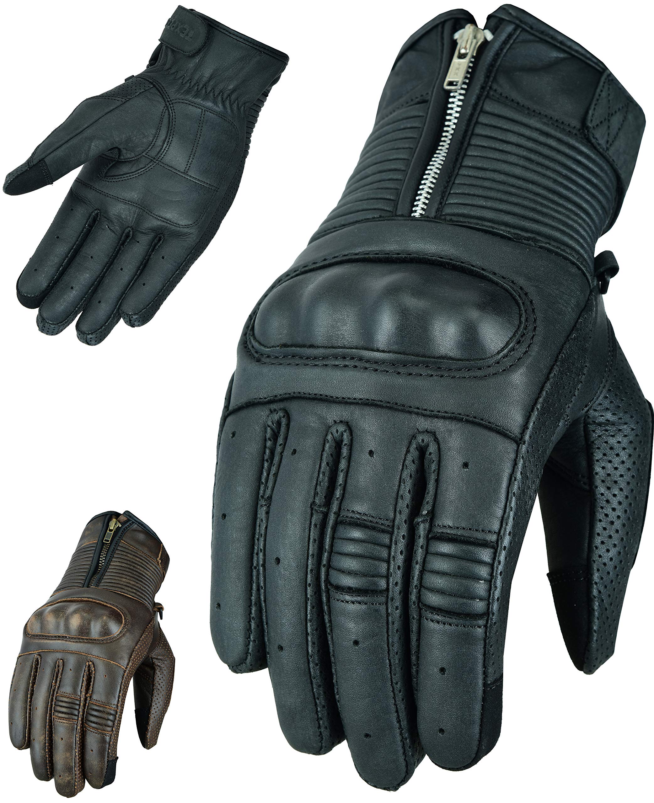 Texpeed Motorradhandschuhe Herren Leder - Biker Moped Gepanzert Knöchelschutz - Für Sommer oder Winter Schwarz - (L)