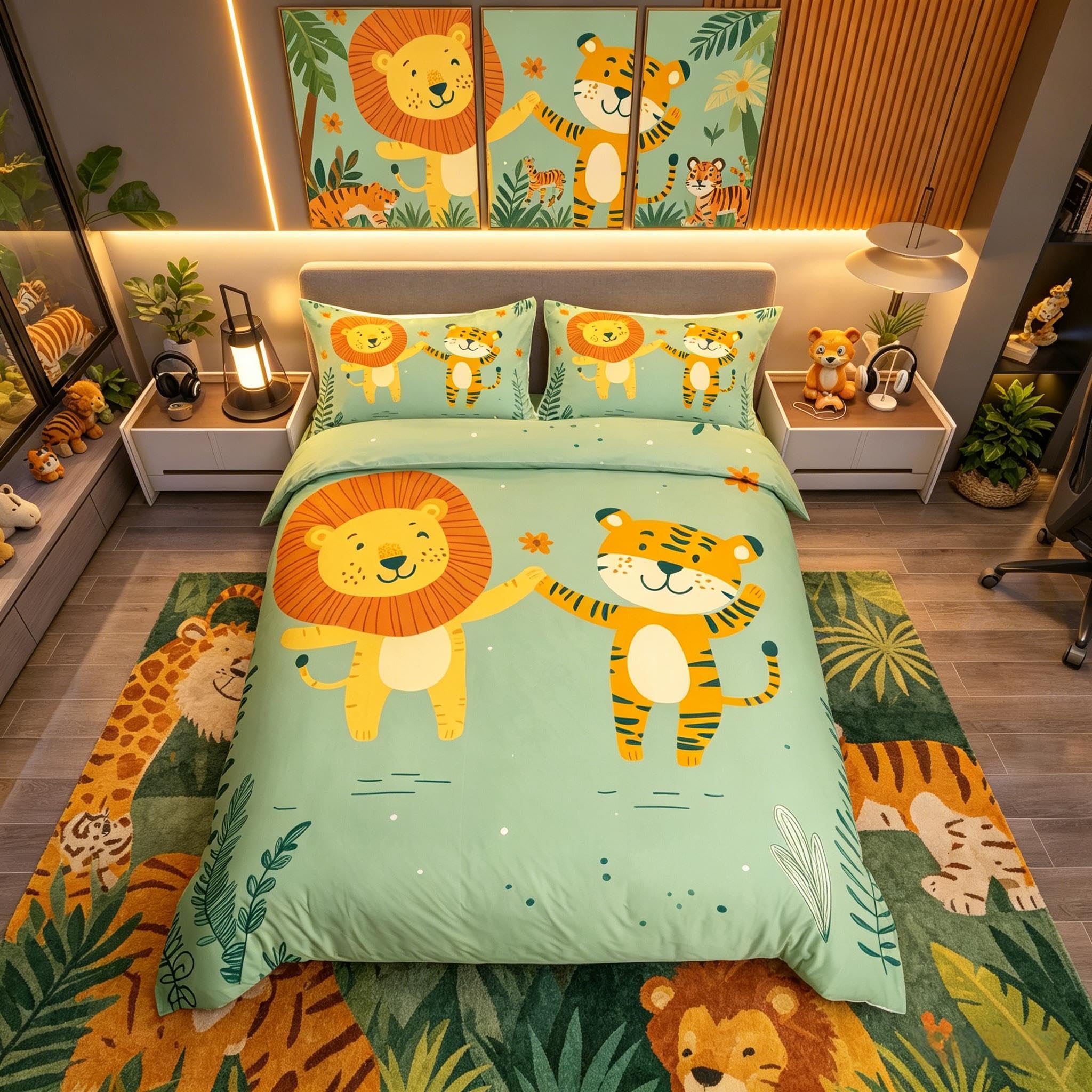 Homemissing Tiger And Lion Printed Super King Zoo Bed Cover Animals Bed Maker Kids Teens Room Decor Cute Animals Lion Tiger Bed Set With Sliding Closure