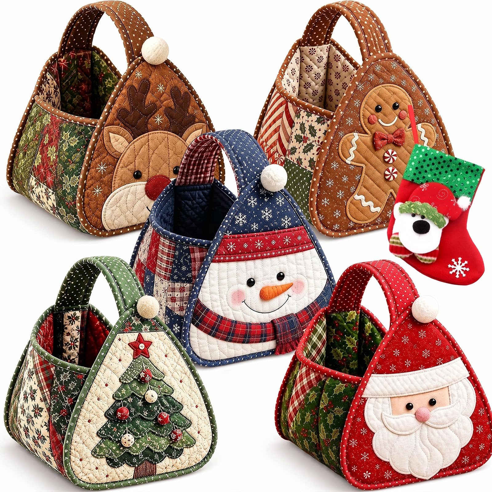 Cesta acolchada navideña, kit de cesta de almacenamiento de tela DIY, adorables personajes navideños, kit de costura DIY para decoración navideña, dulces (Set)