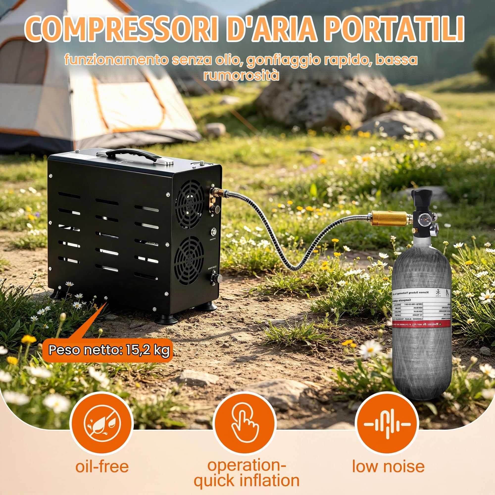 TUXING Compressore d'aria PCP, compressore ad aria compressa a doppio cilindro PCP da 800 W, 4500 PSI con arresto automatico integrato con ventola di raffreddamento per serbatoio ARA/fucile Pcp