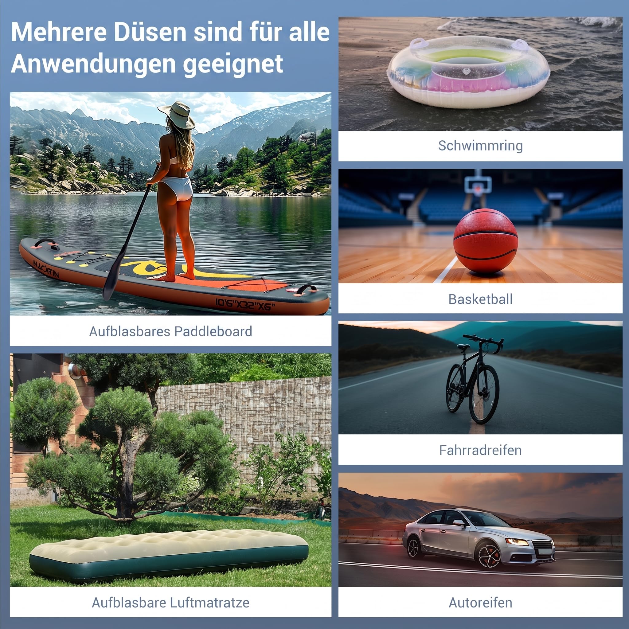 NACATIN 50PSI Elektrische SUP Pumpe, Wiederaufladbare Paddle Board Pumpe mit 5200mAh Akku & 12V Autoanschluss, Zweistufige Schnellinflation & Auto-Off, 6 Düsen für Schlauchboote, Autoreifen