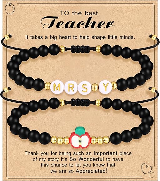 Teacher Appreciation Bracelet Gifts for Women Initial Beaded Bracelets Back to School Thank You Teacher Gifts 2pcs Link Bracelet New Teacher Graduation Gift Birthday Retirement Teachers' Day Jewelry